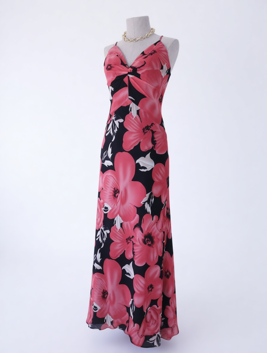 Robe de soirée maxi vintage années 90 à imprimé floral et lingerie