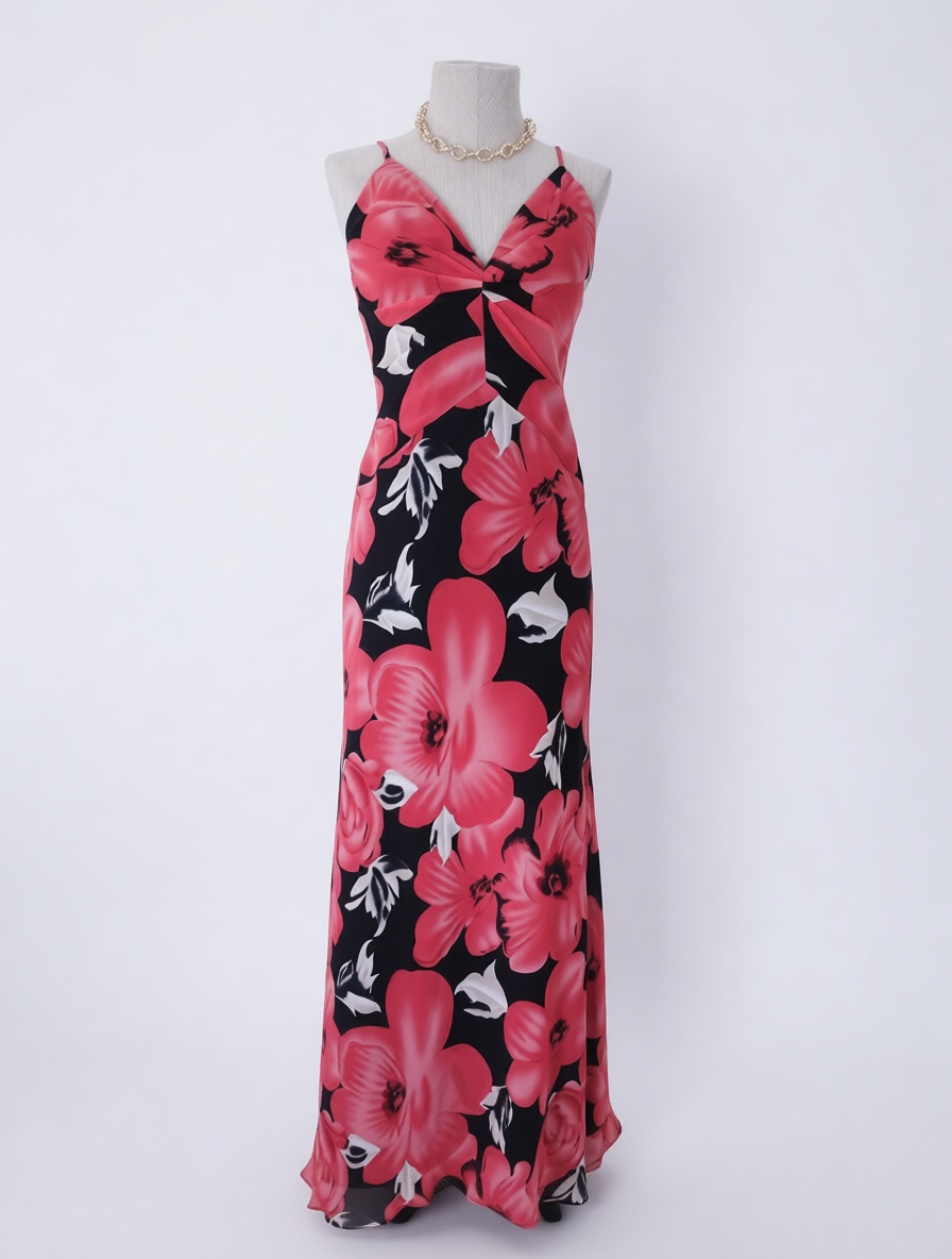 Robe de soirée maxi vintage années 90 à imprimé floral et lingerie