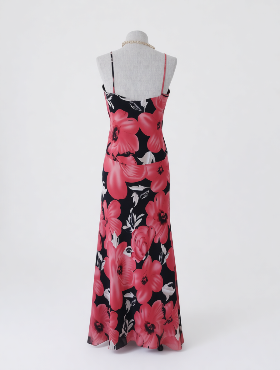 Robe de soirée maxi vintage années 90 à imprimé floral et lingerie