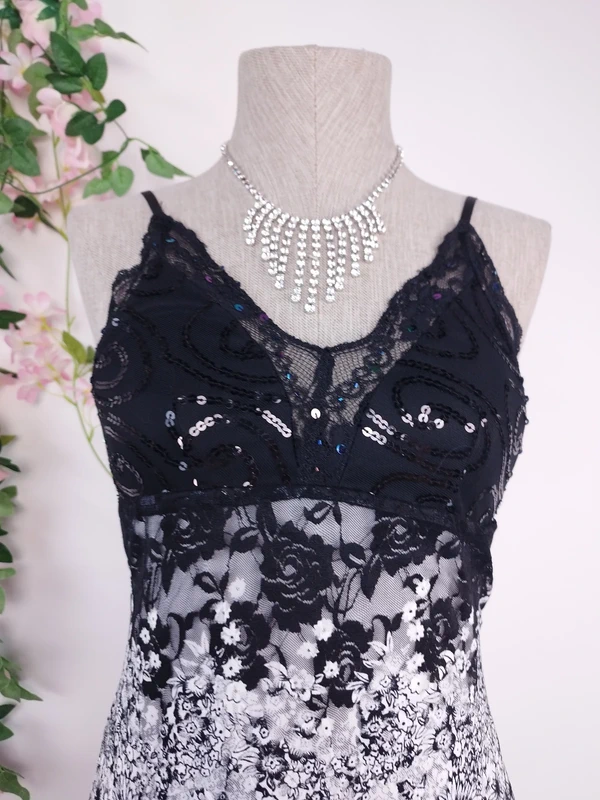 Black white Y2K maxi dress — Vintage 2000s lace sequin wedding guest