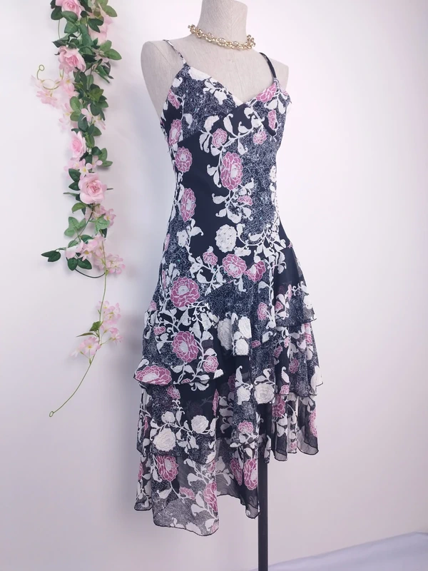 Black floral Y2K midi dress — Vintage 2000s slip boho chic