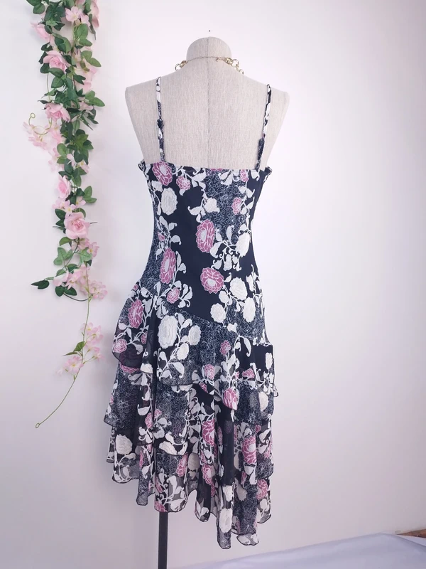 Black floral Y2K midi dress — Vintage 2000s slip boho chic