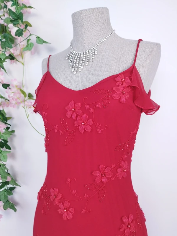 Red floral Y2K evening dress — Vintage 2000s slip asymmetrical party