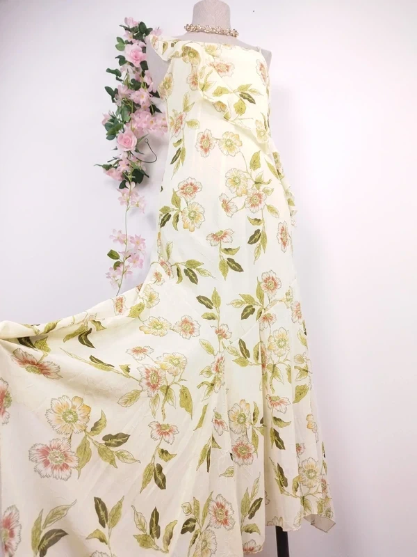 Cream floral asymmetrical Y2K dress — Vintage 2000s slip Ibiza summer
