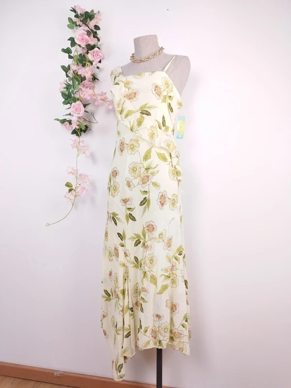 Cream floral asymmetrical Y2K dress — Vintage 2000s slip Ibiza summer