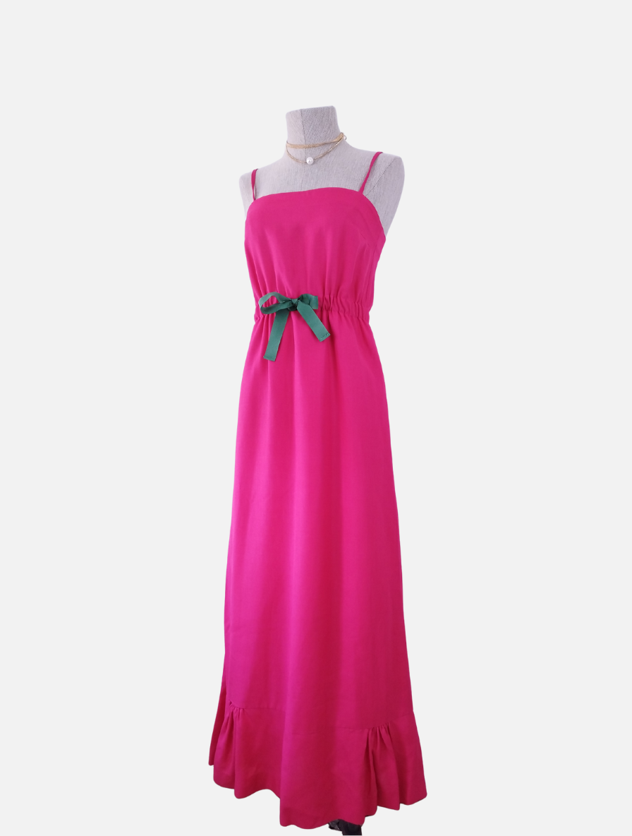 Vintage 90s Fuchsia Maxi Slip Dress — Linen-Look Fabric, Green Ribbon Waist, Ruffled Hem & Handmade