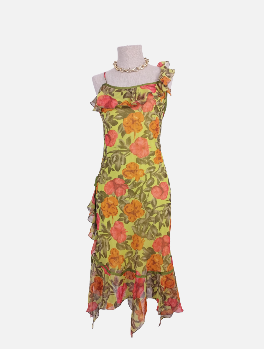 Vintage 2000s Y2K Midi Dress — Asymmetric Neck, Floral Print & Ruffled Hem