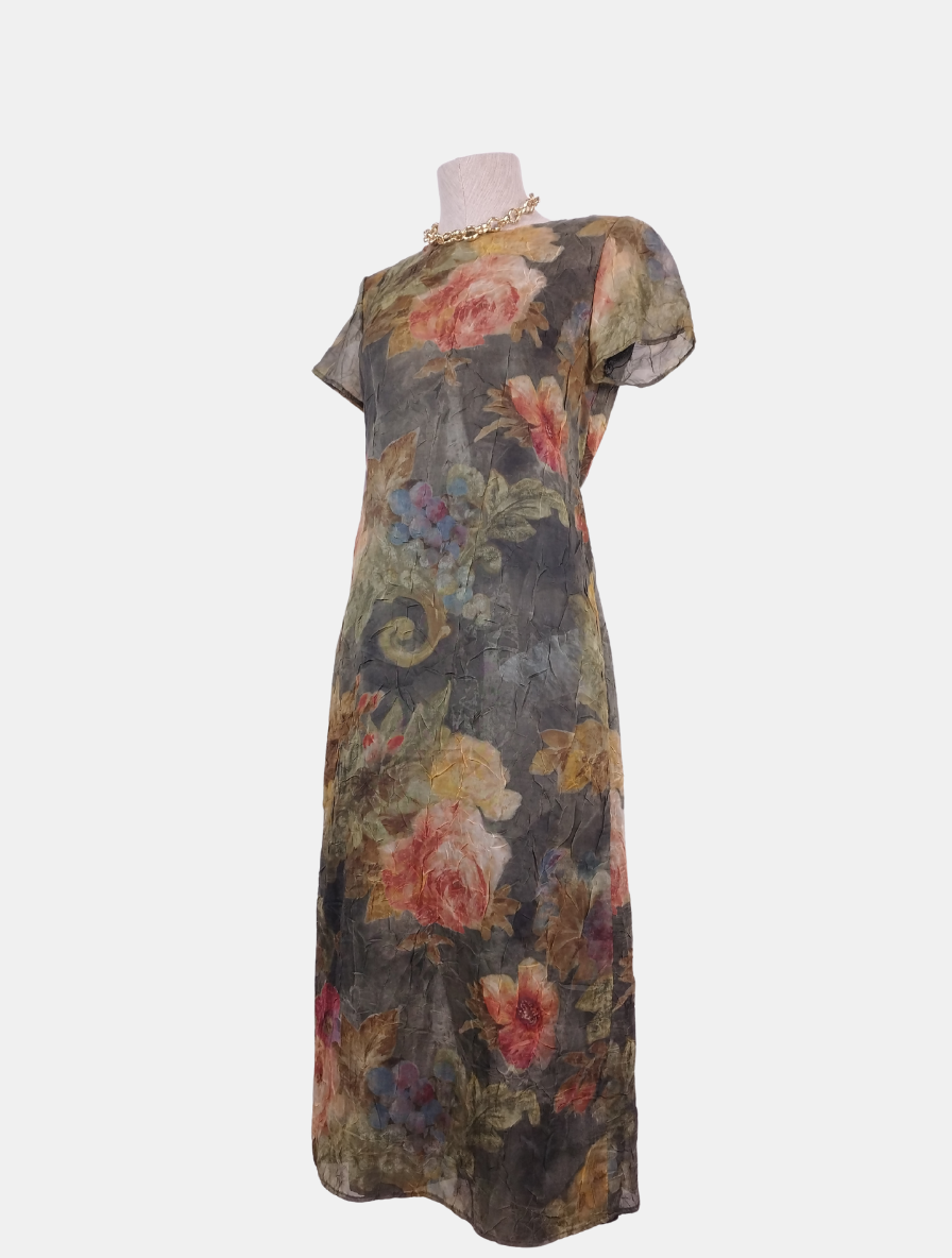 Vintage 80s Chiffon Organza Dress — Short Sleeves, Round Neck, Back Tie & Floral Print