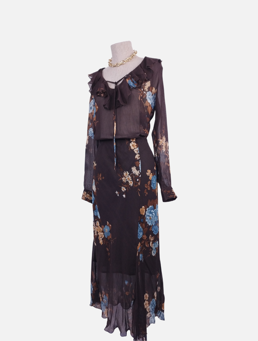 Ensemble blouse et jupe vintage années 90 à motif floral