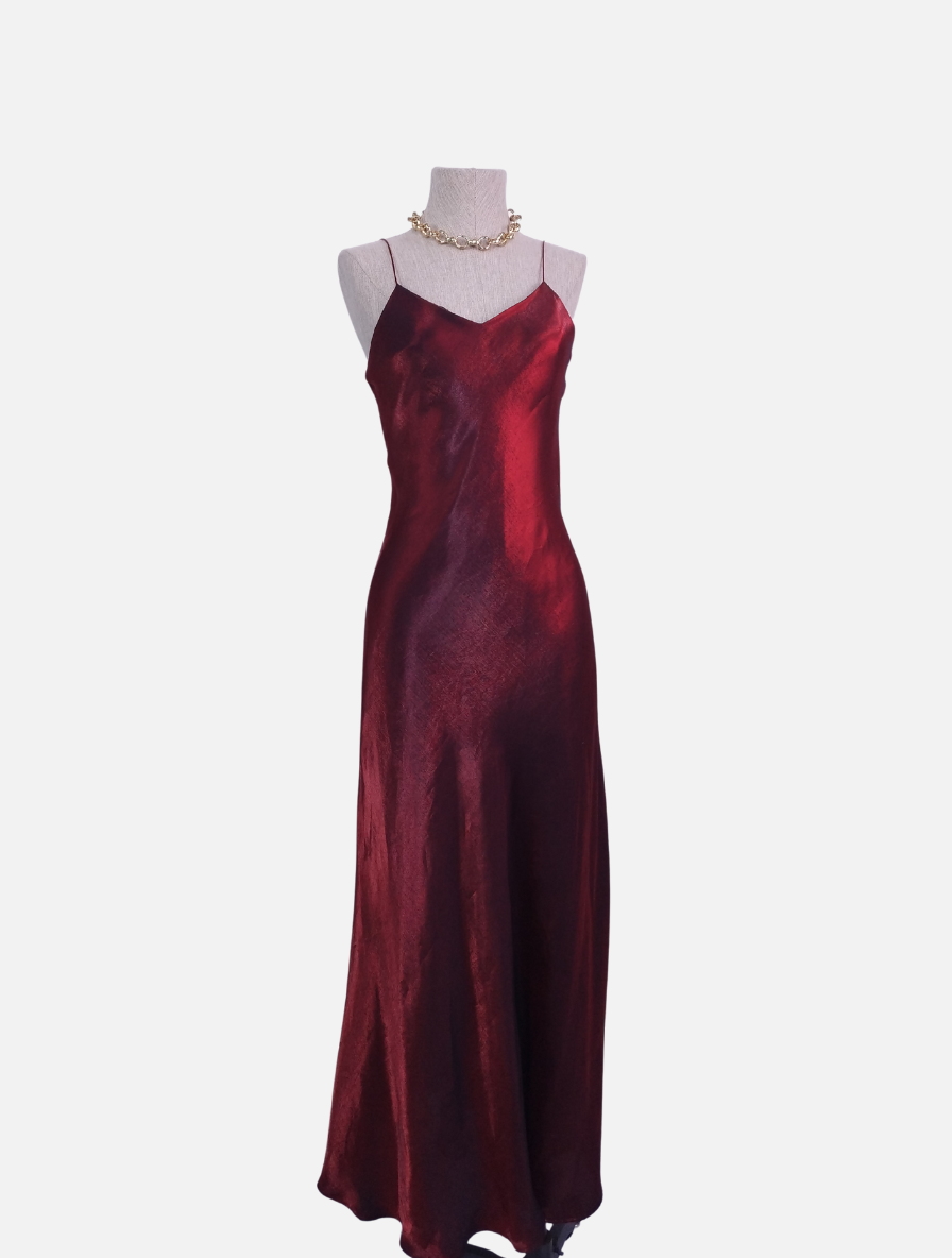 Vintage 90s Maxi Dress — Slip Style, Iridescent Burgundy Satin