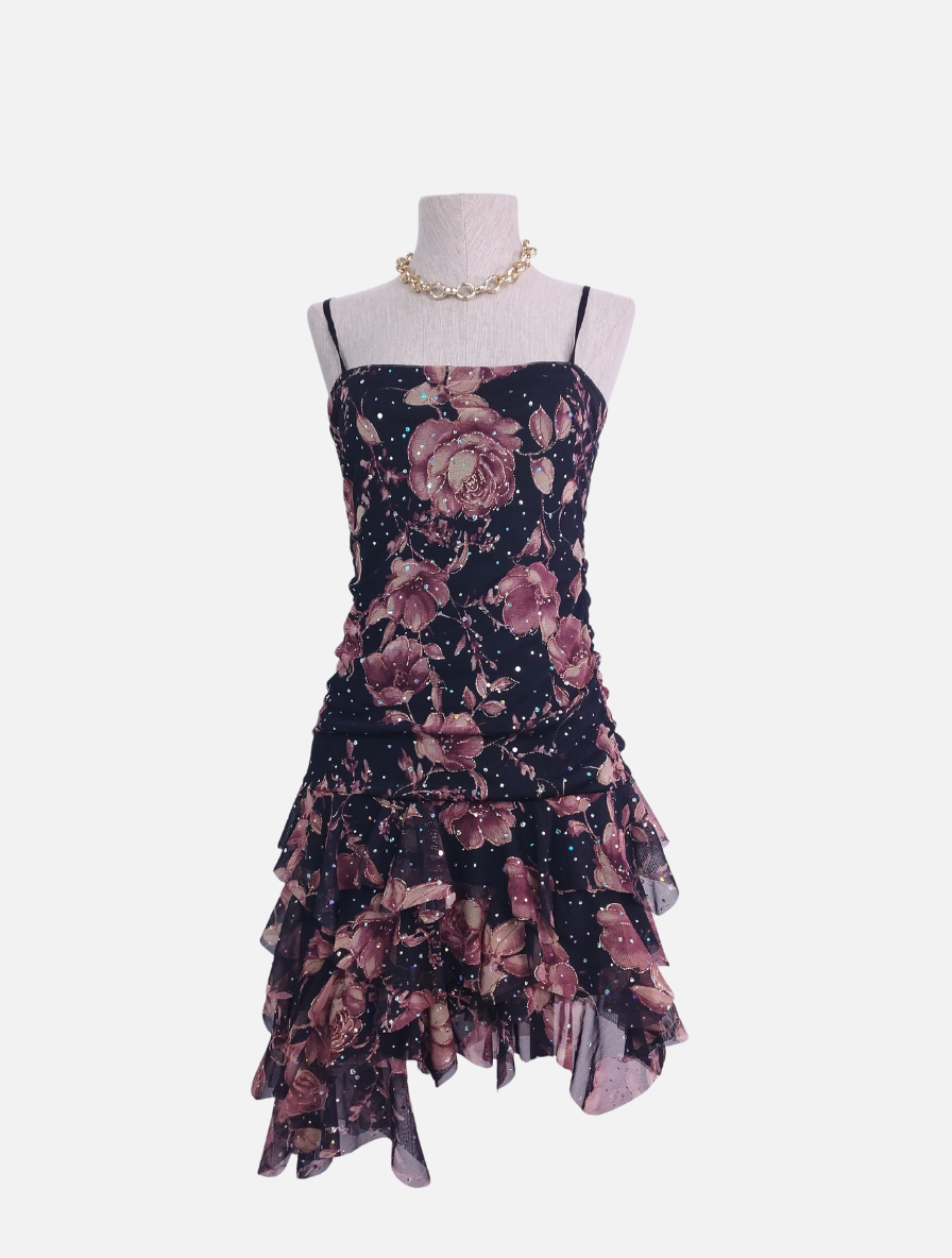 Vintage 2000s Y2K Tulle Dress — Strapless or Strappy, Floral & Iridescent Glitter