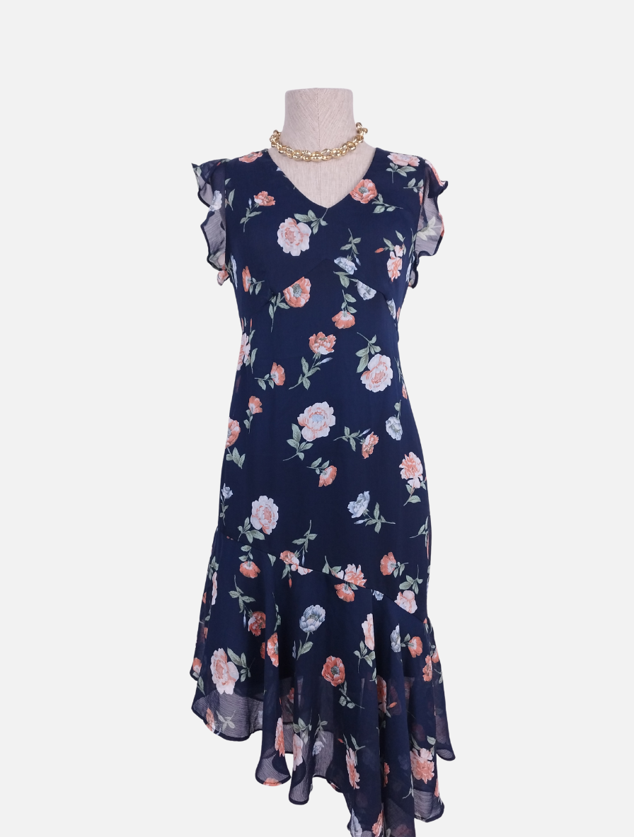 Vintage 90s Midi Dress — Ruffle Sleeves, V-Neck & Asymmetric Hem