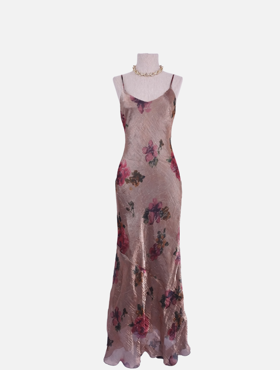 Vintage 90s Maxi Evening Dress — Slip Style, Iridescent Satin & Red Floral Print