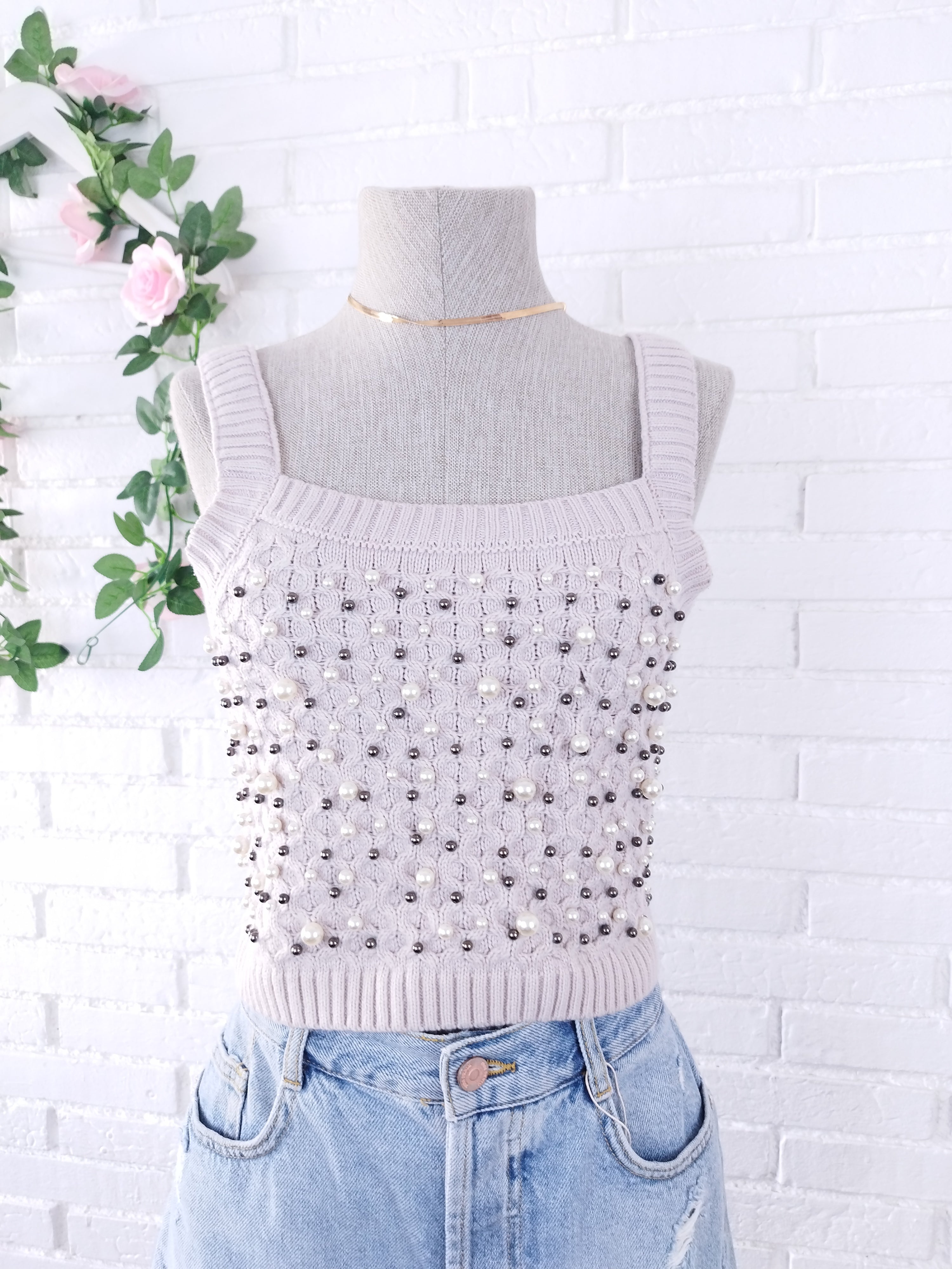 Conjunto de ZARA Cárdigan + Top Punto Trenzado con Perlas