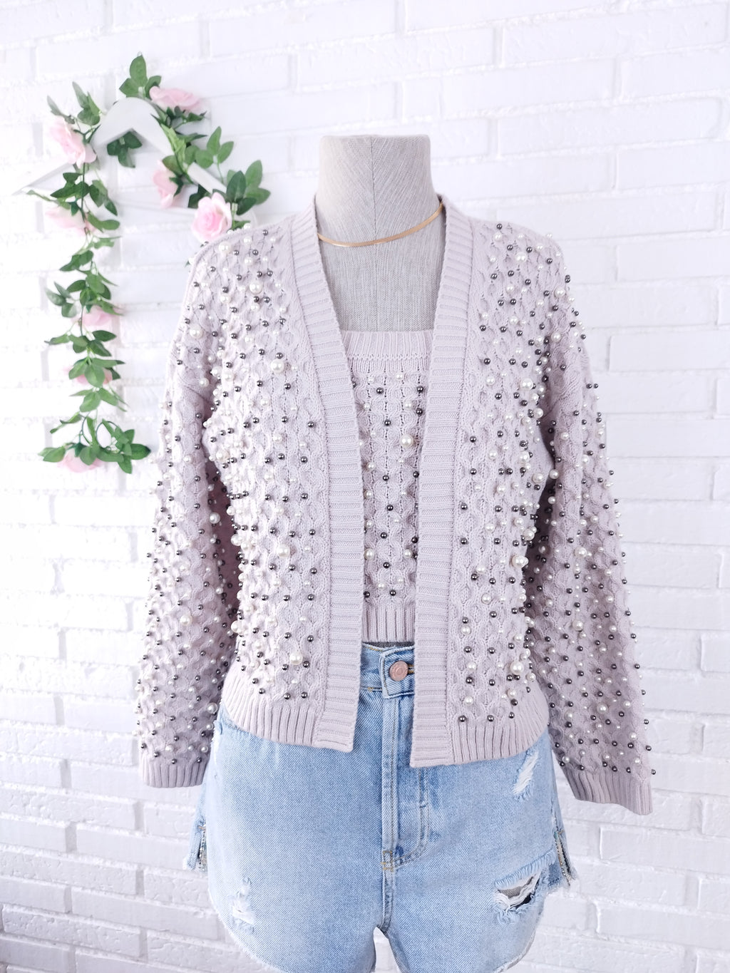 Conjunto de ZARA Cárdigan + Top Punto Trenzado con Perlas