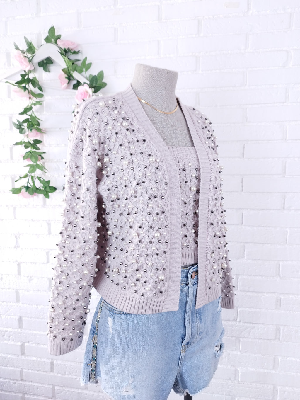 Conjunto de ZARA Cárdigan + Top Punto Trenzado con Perlas