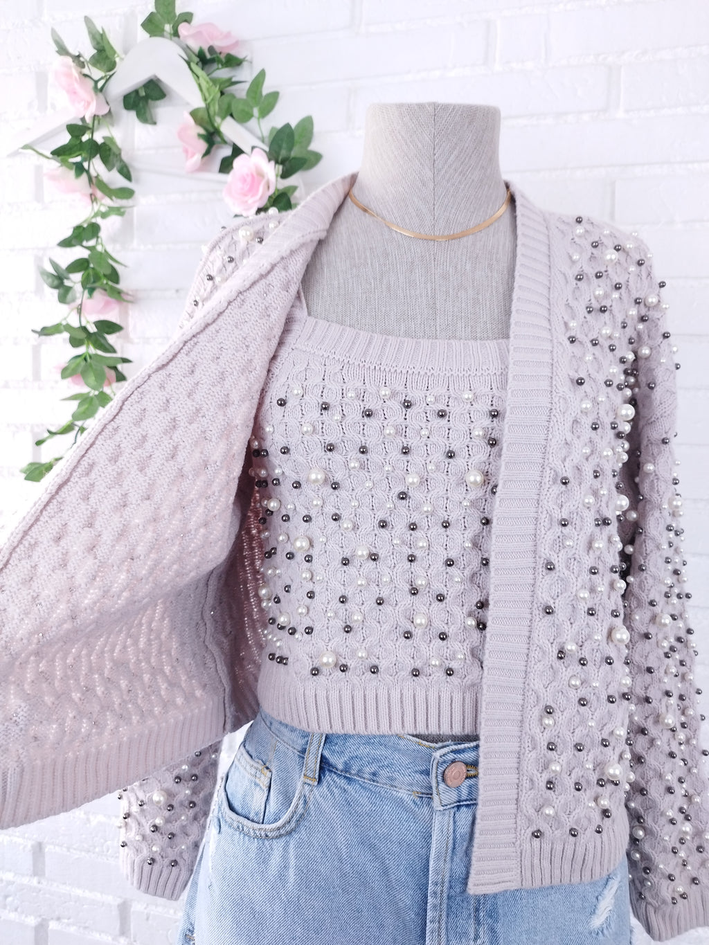 Conjunto de ZARA Cárdigan + Top Punto Trenzado con Perlas