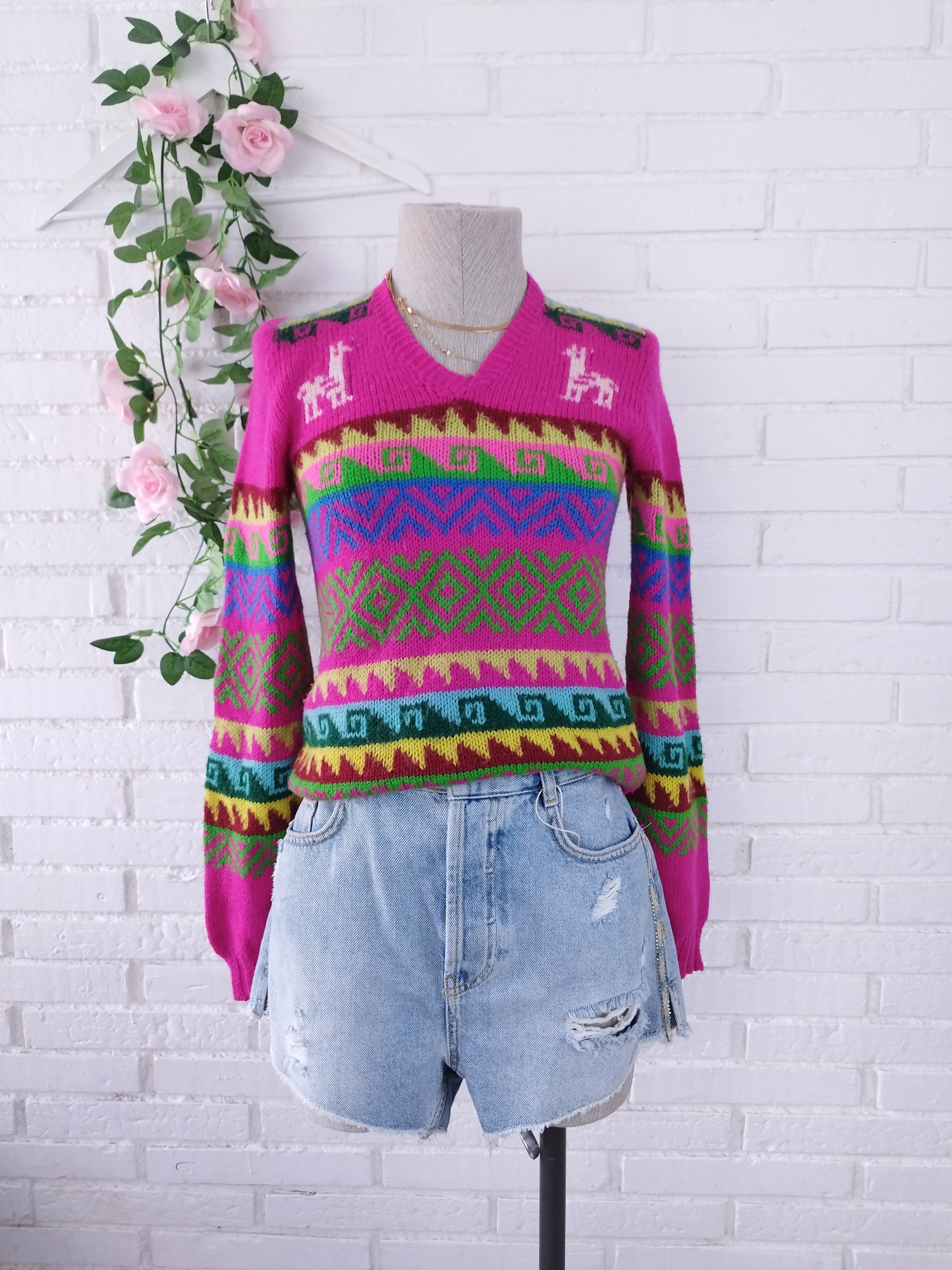 Vintage 90s Andean Jacquard Sweater — Fuchsia Base, Llama & Inca Motifs, V-Neck