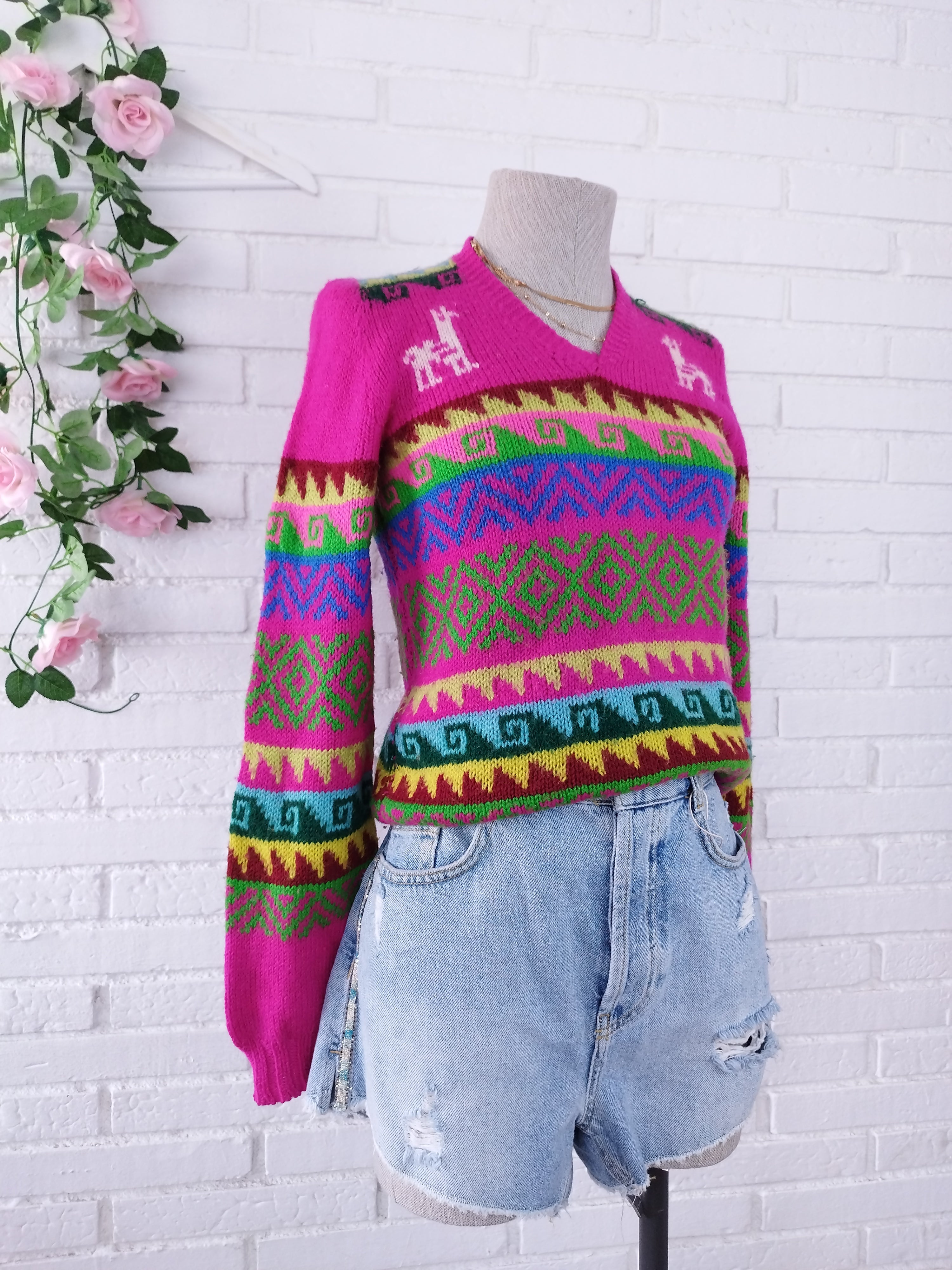 Vintage 90s Andean Jacquard Sweater — Fuchsia Base, Llama & Inca Motifs, V-Neck