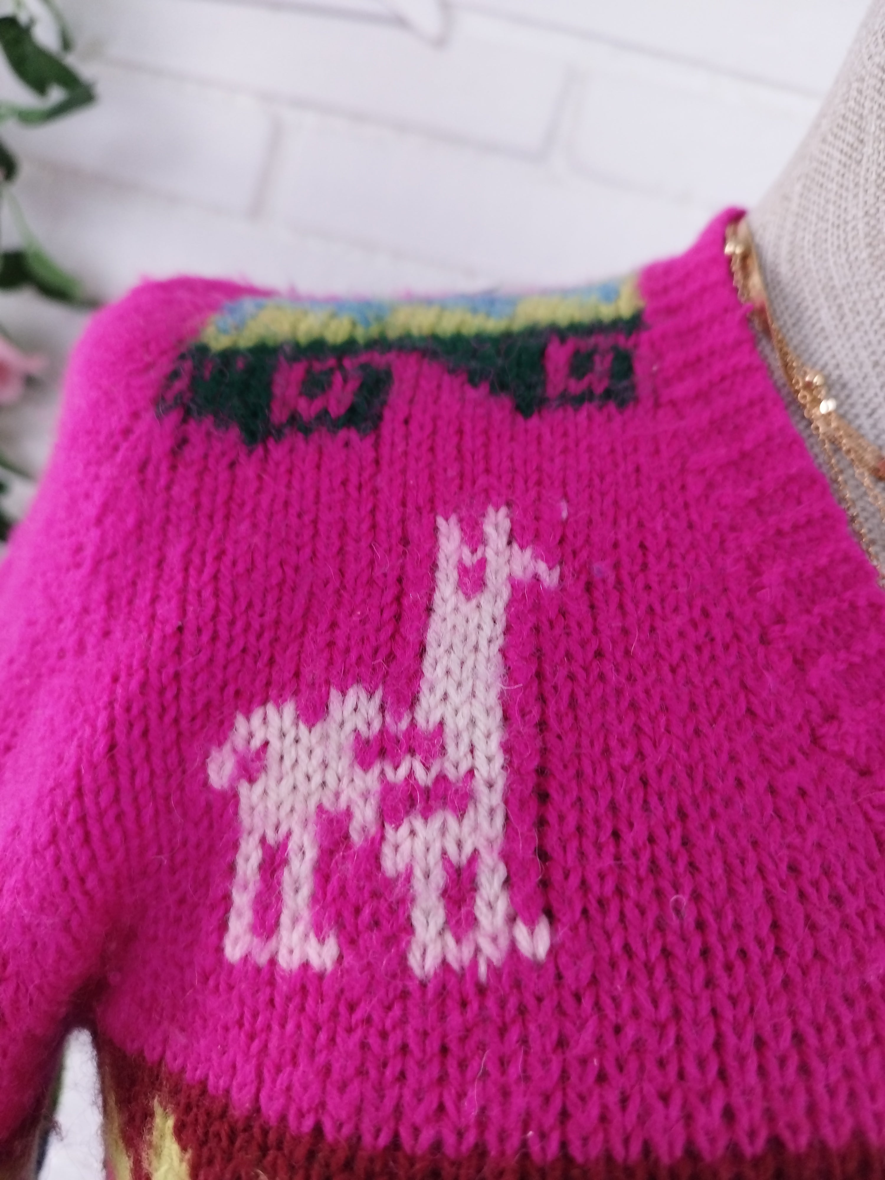 Vintage 90s Andean Jacquard Sweater — Fuchsia Base, Llama & Inca Motifs, V-Neck