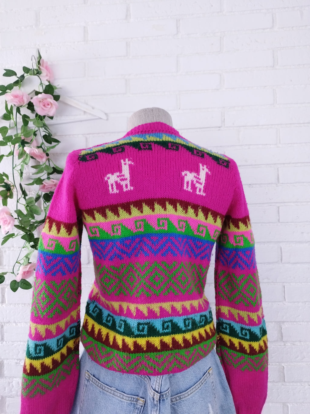 Vintage 90s Andean Jacquard Sweater — Fuchsia Base, Llama & Inca Motifs, V-Neck