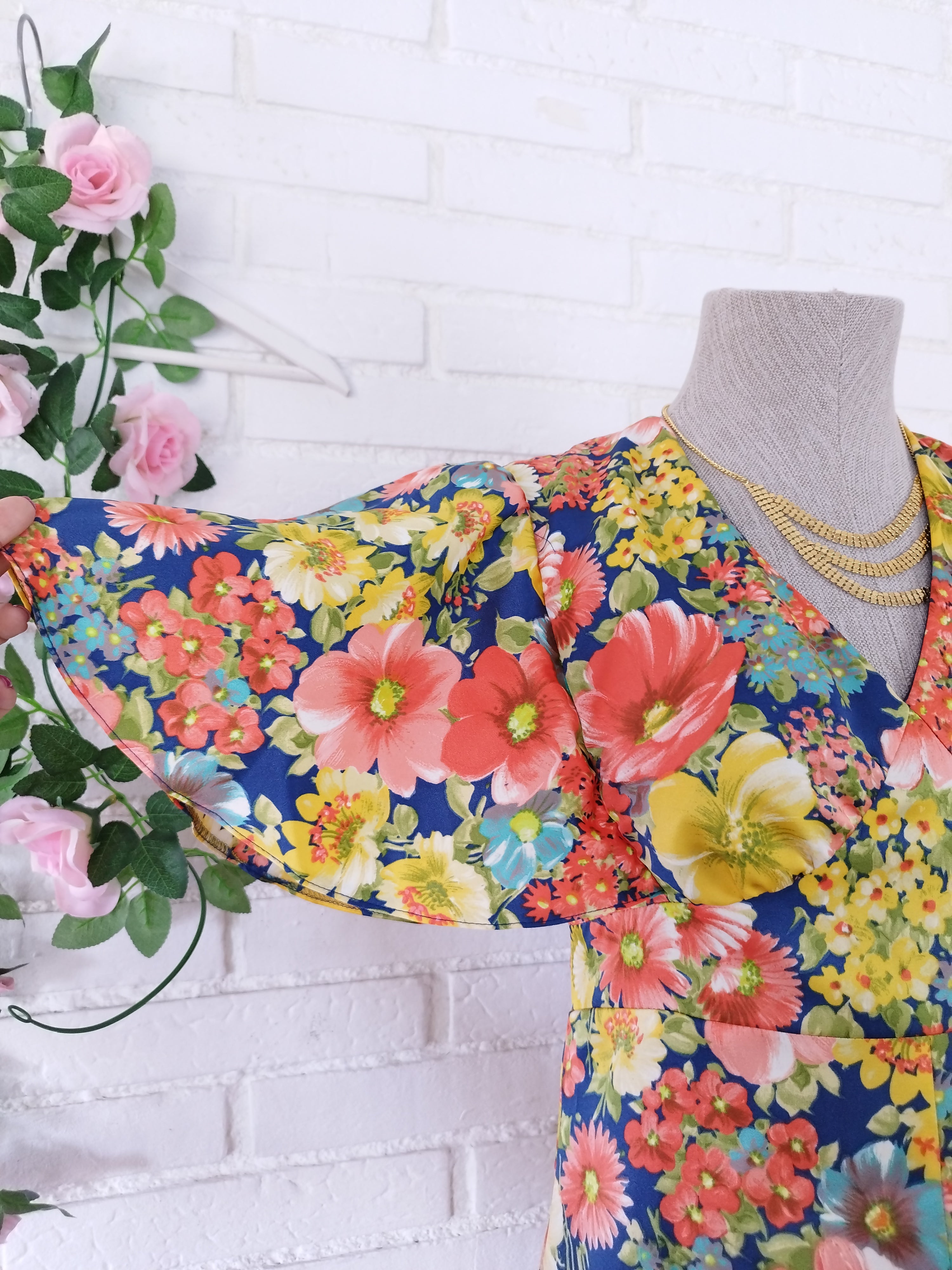 Vintage 90s Maxi Dress — V-Neck, Ruffle Sleeves, Empire Waist & Floral Satin