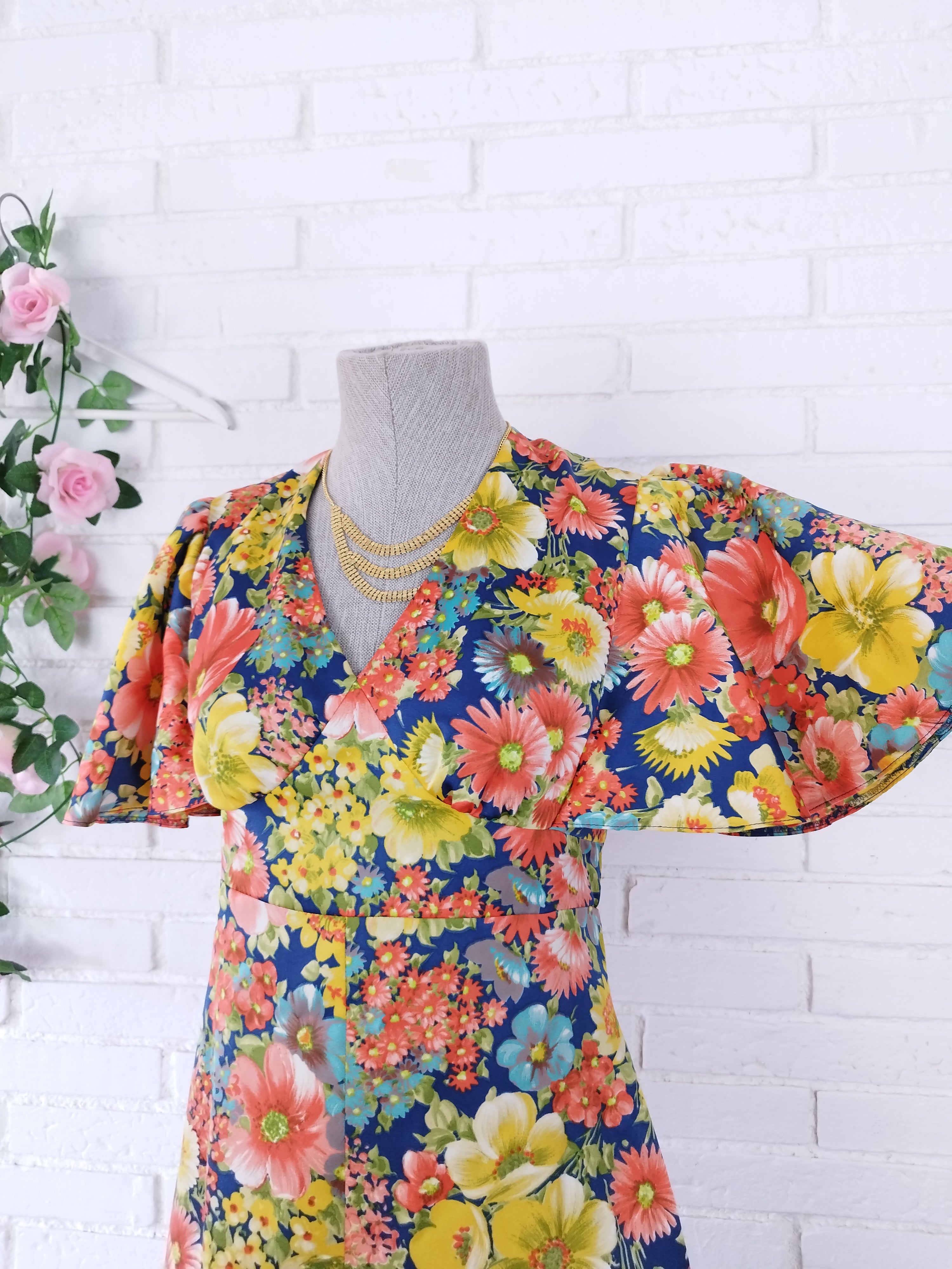 Vintage 90s Maxi Dress — V-Neck, Ruffle Sleeves, Empire Waist & Floral Satin