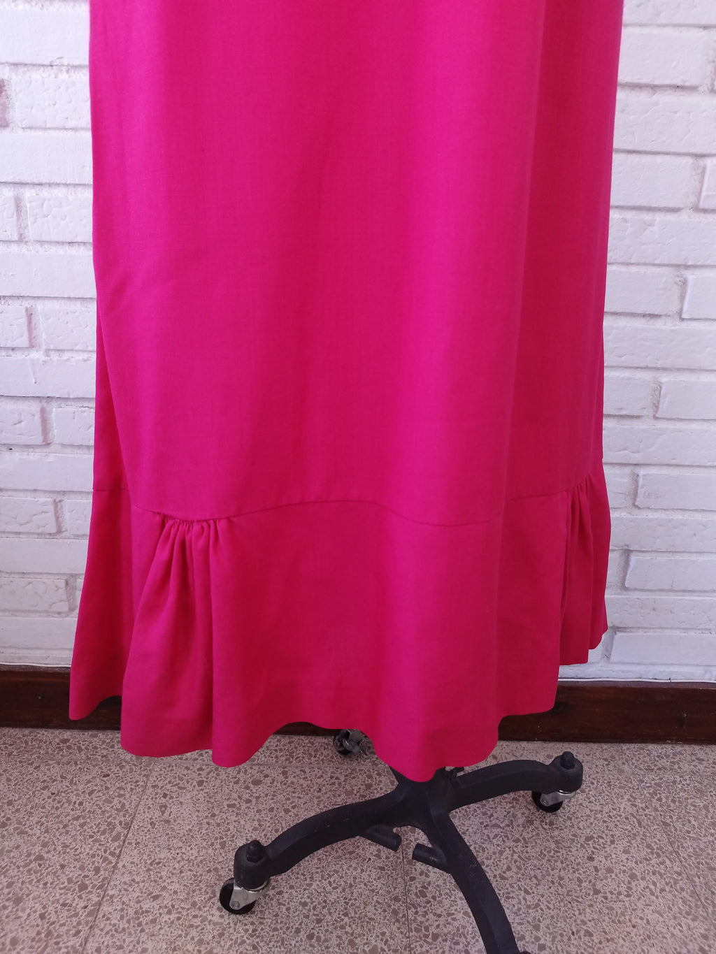 Vintage 90s Fuchsia Maxi Slip Dress — Linen-Look Fabric, Green Ribbon Waist, Ruffled Hem & Handmade