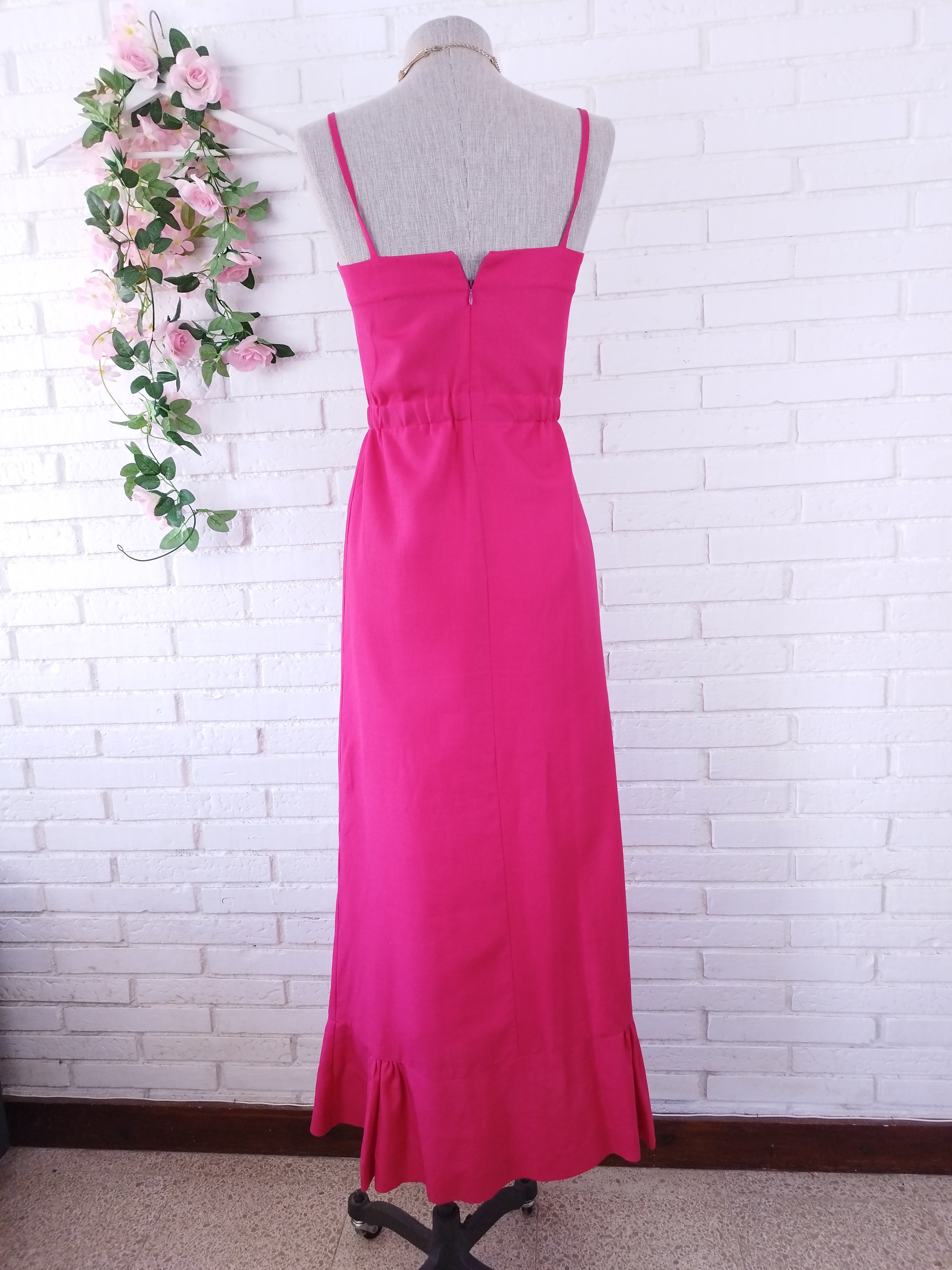 Vintage 90s Fuchsia Maxi Slip Dress — Linen-Look Fabric, Green Ribbon Waist, Ruffled Hem & Handmade