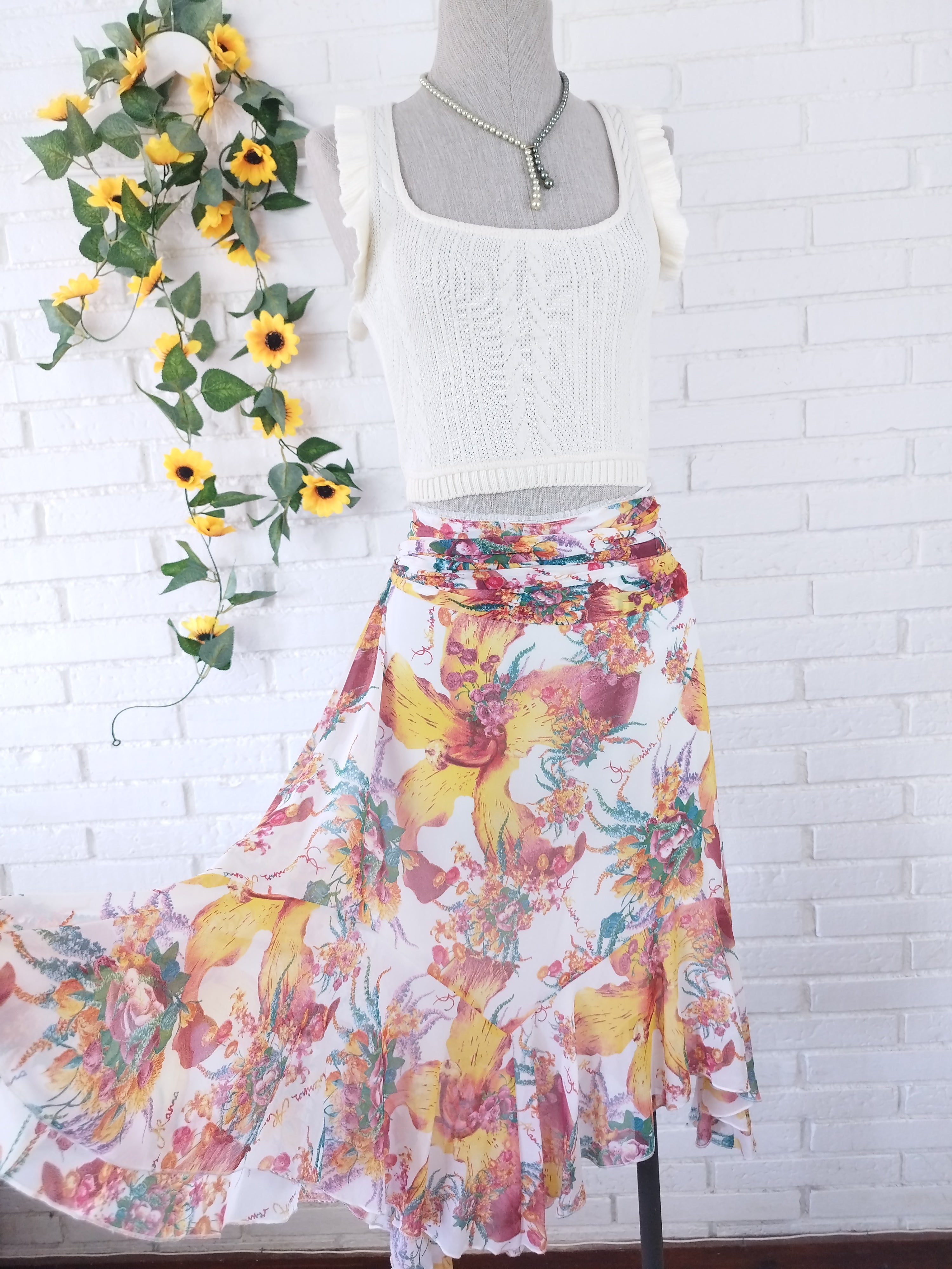 Montesinos Alama Vintage 90s Skirt — Ruched Waist, Asymmetric Hem & Tulle Print