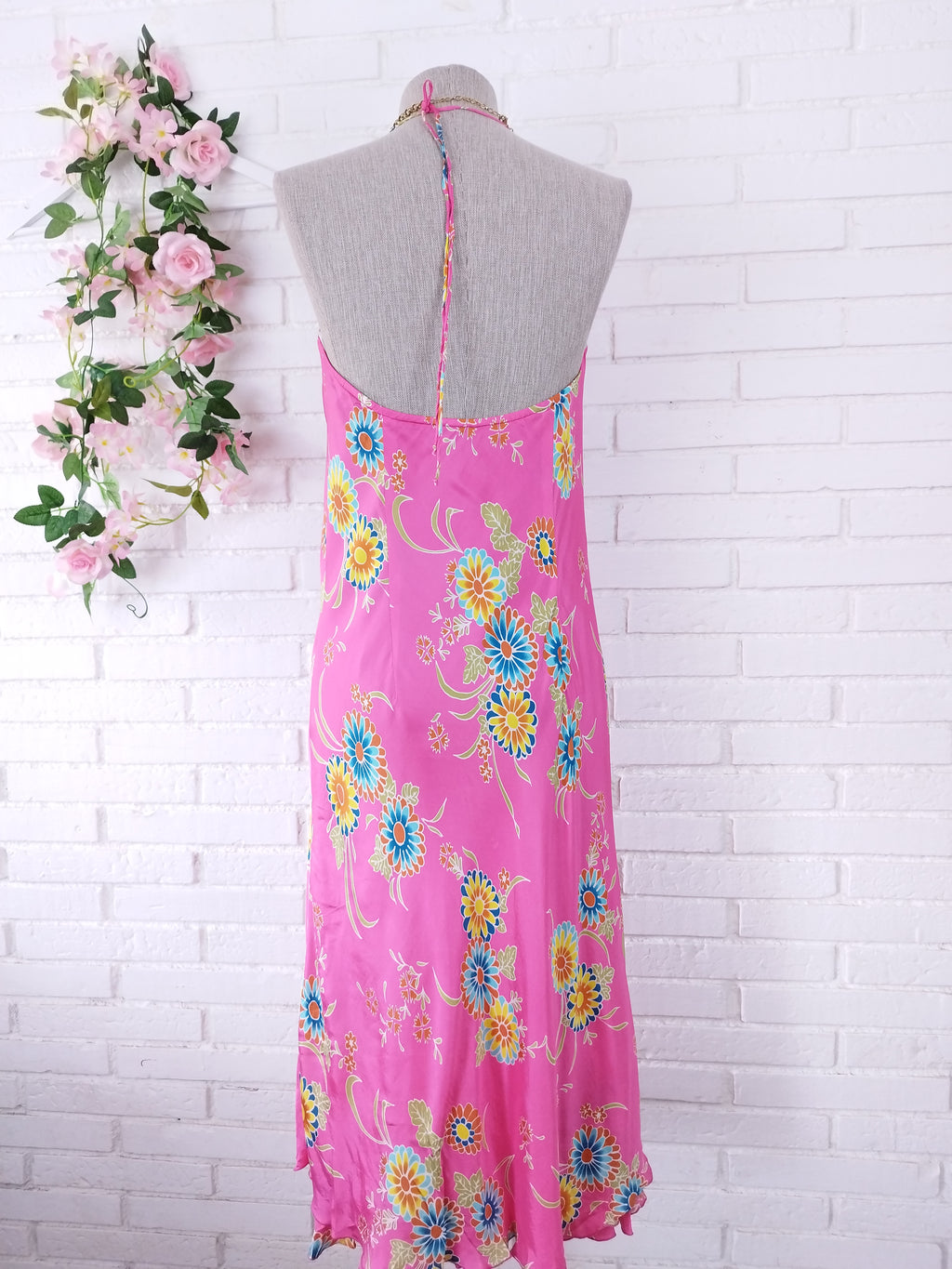 Vintage 90s Maxi Dress — Halter Neck, Fuchsia Satin & Bold Floral Print