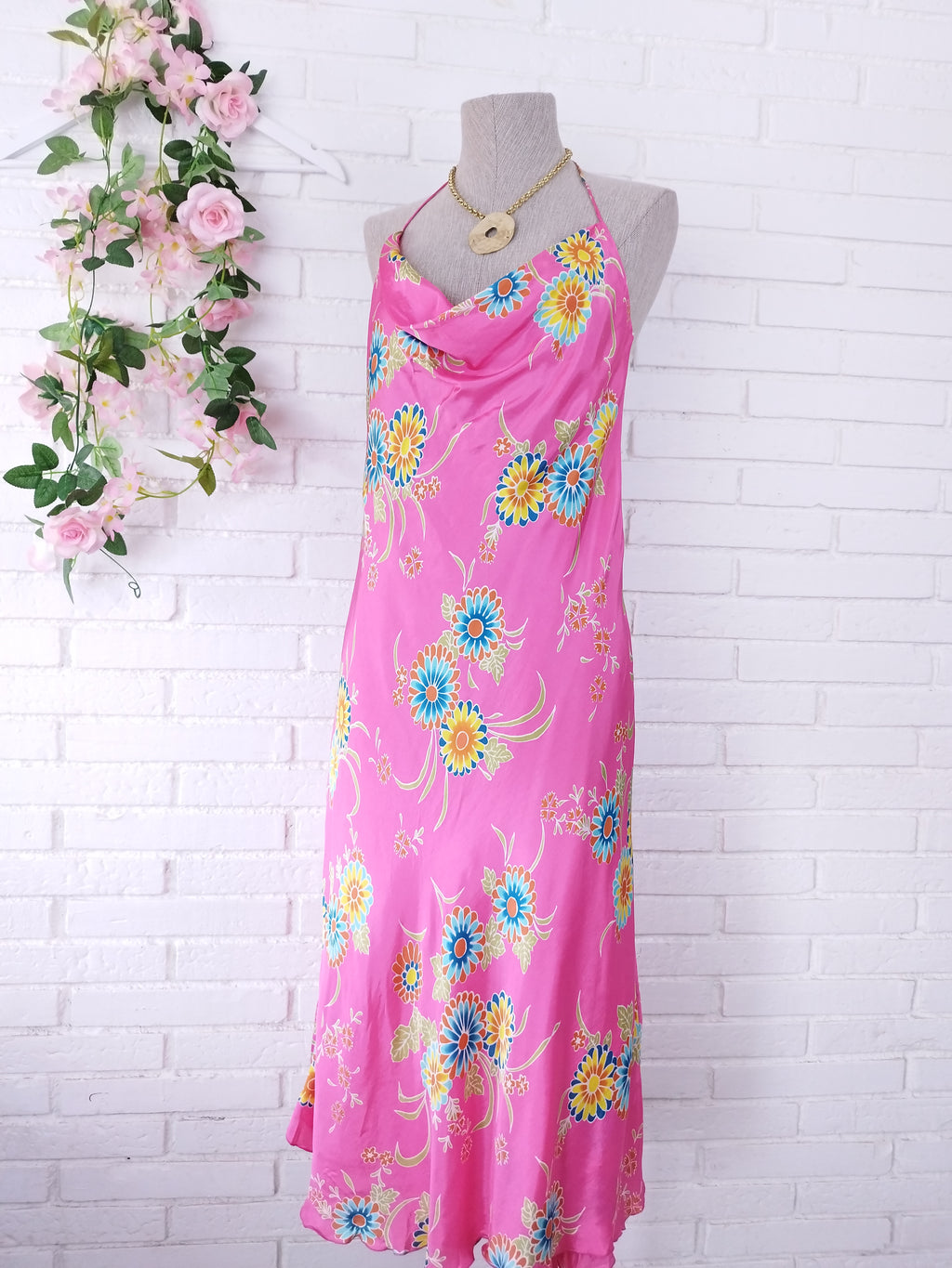 Vintage 90s Maxi Dress — Halter Neck, Fuchsia Satin & Bold Floral Print