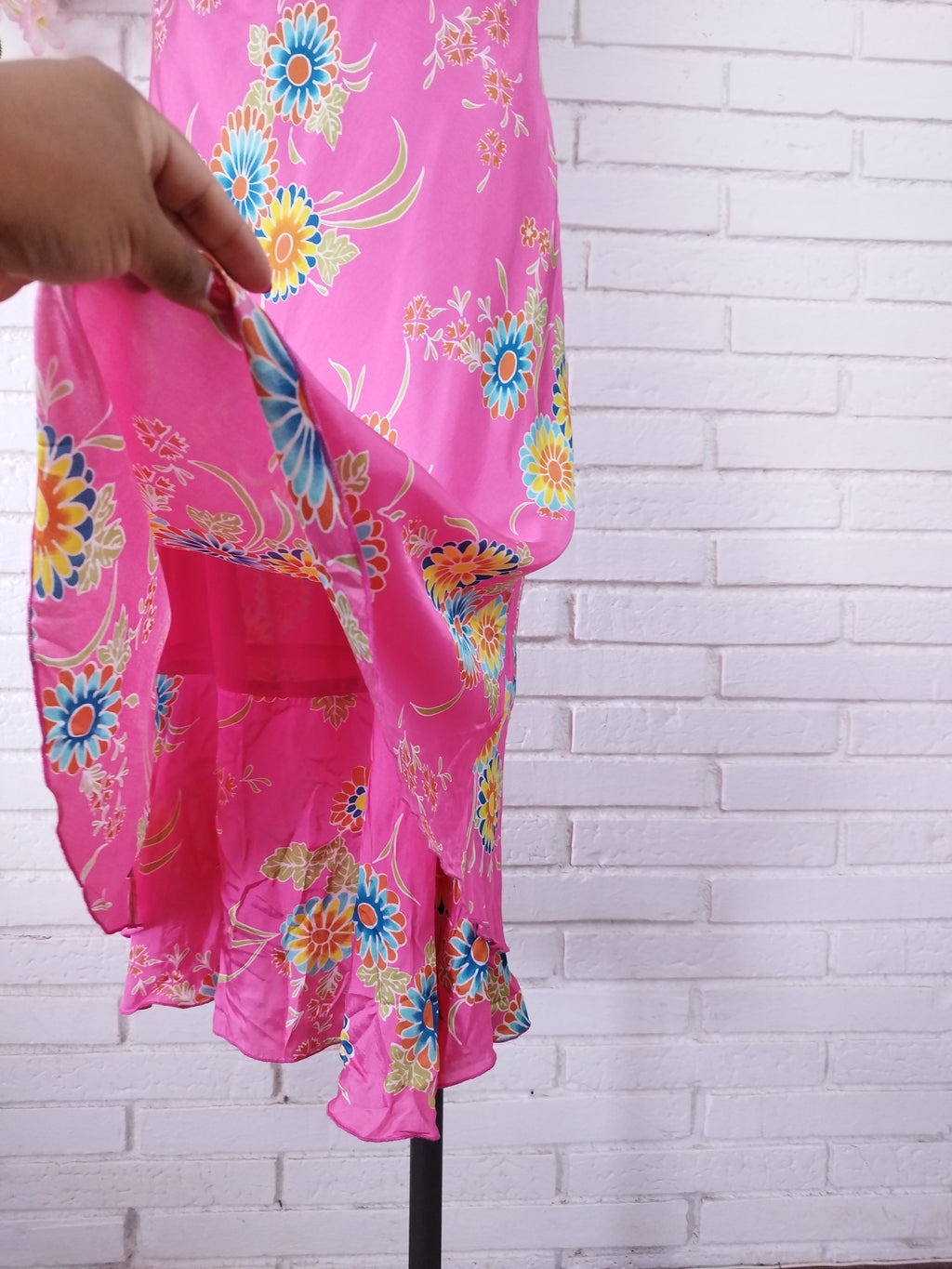 Vintage 90s Maxi Dress — Halter Neck, Fuchsia Satin & Bold Floral Print