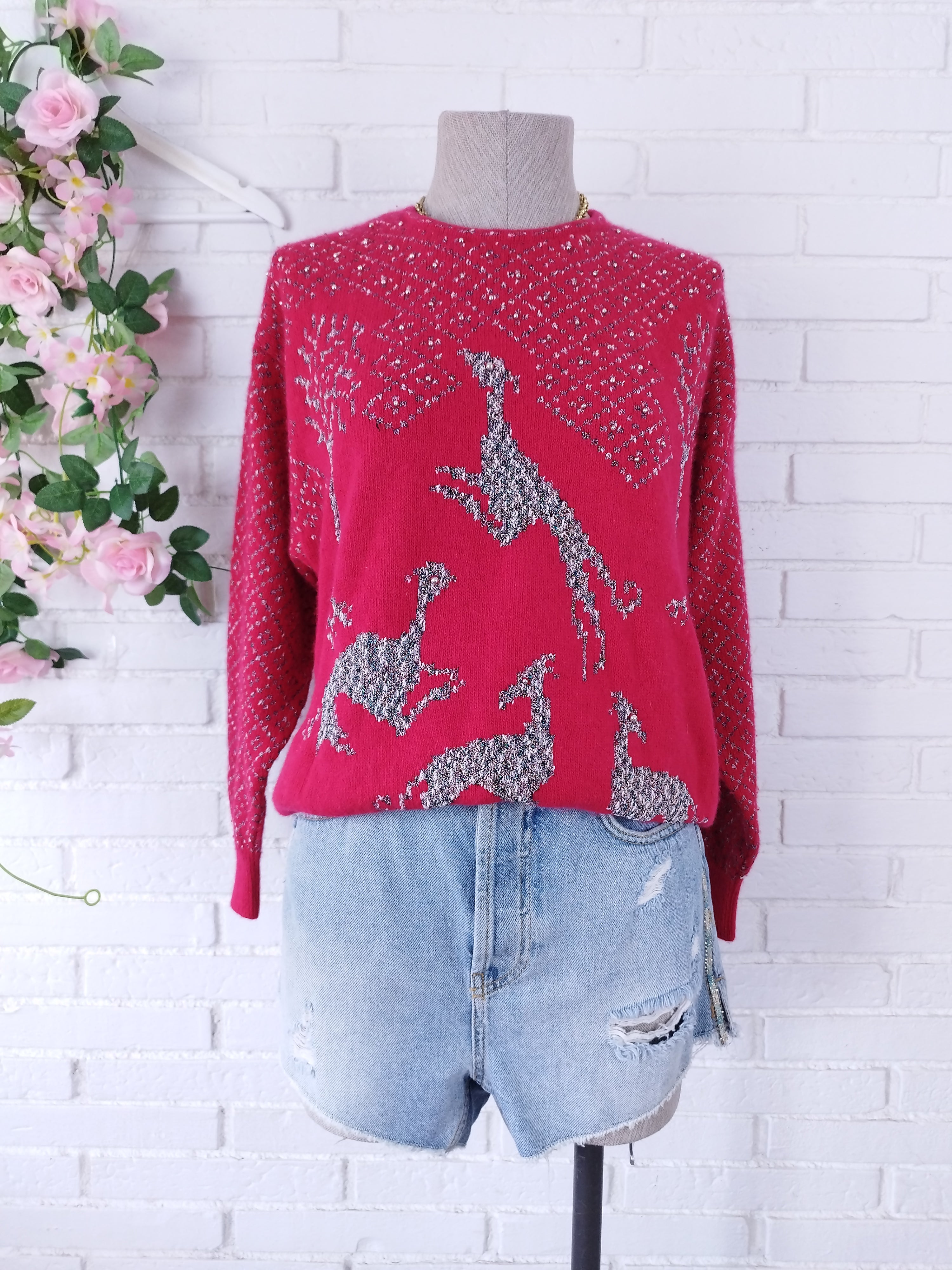 Pull vintage en laine angora jacquard