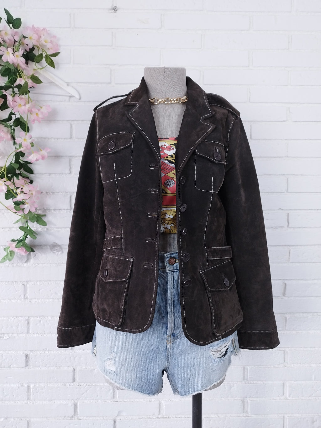 Veste blazer vintage en cuir suédé véritable