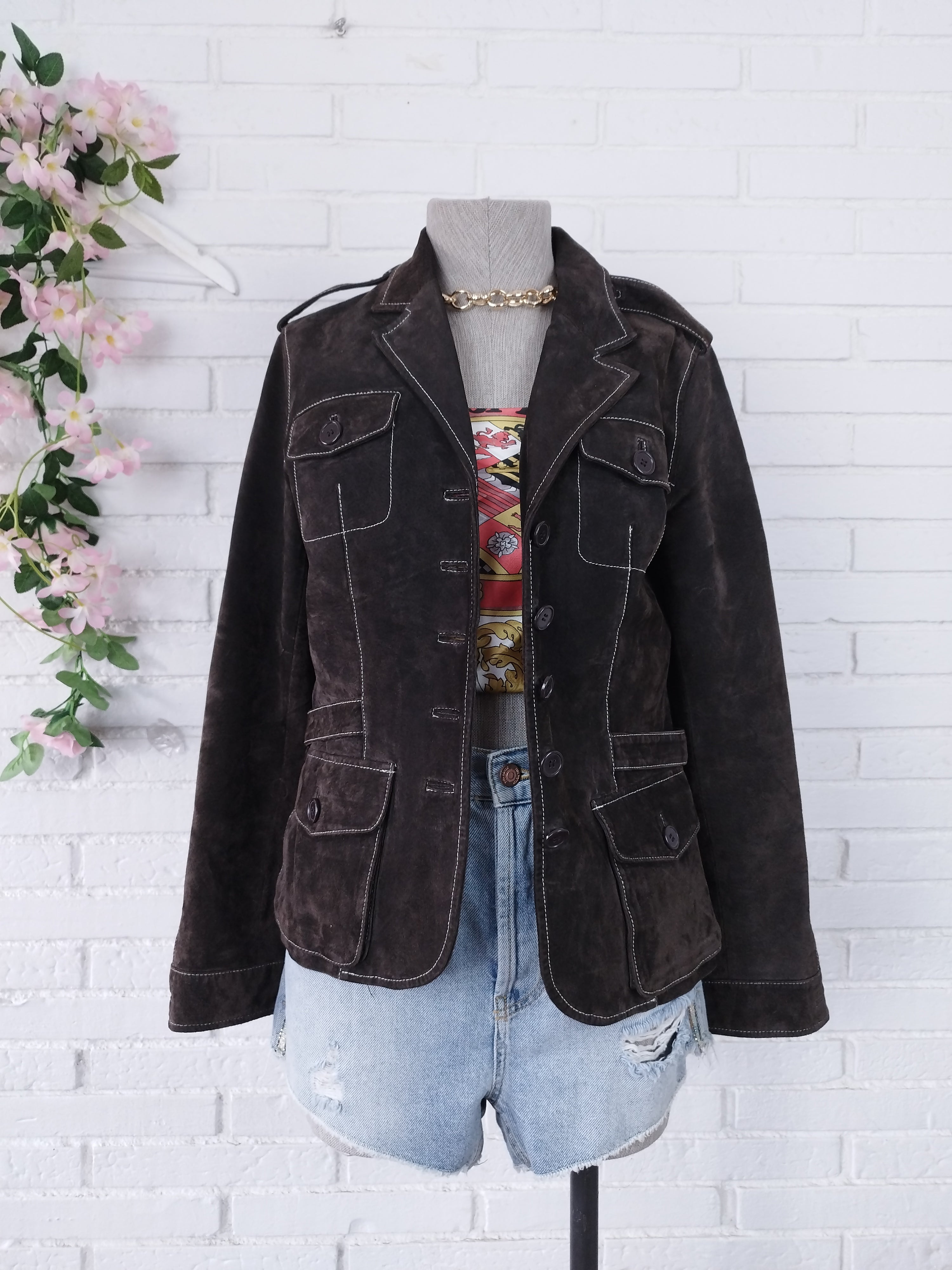 Veste blazer vintage en cuir suédé véritable