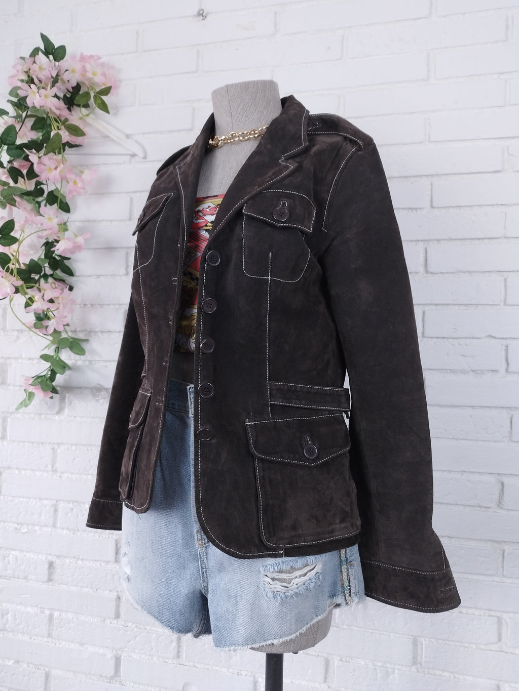 Veste blazer vintage en cuir suédé véritable