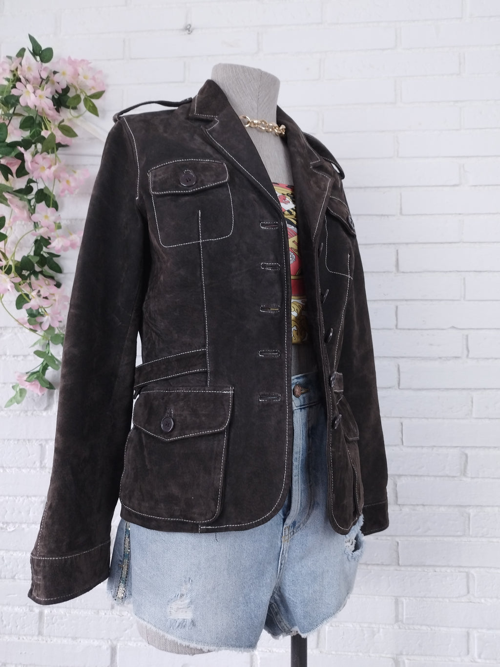 Veste blazer vintage en cuir suédé véritable