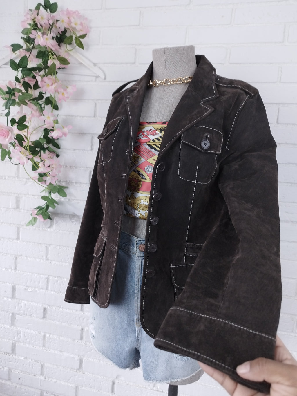 Veste blazer vintage en cuir suédé véritable