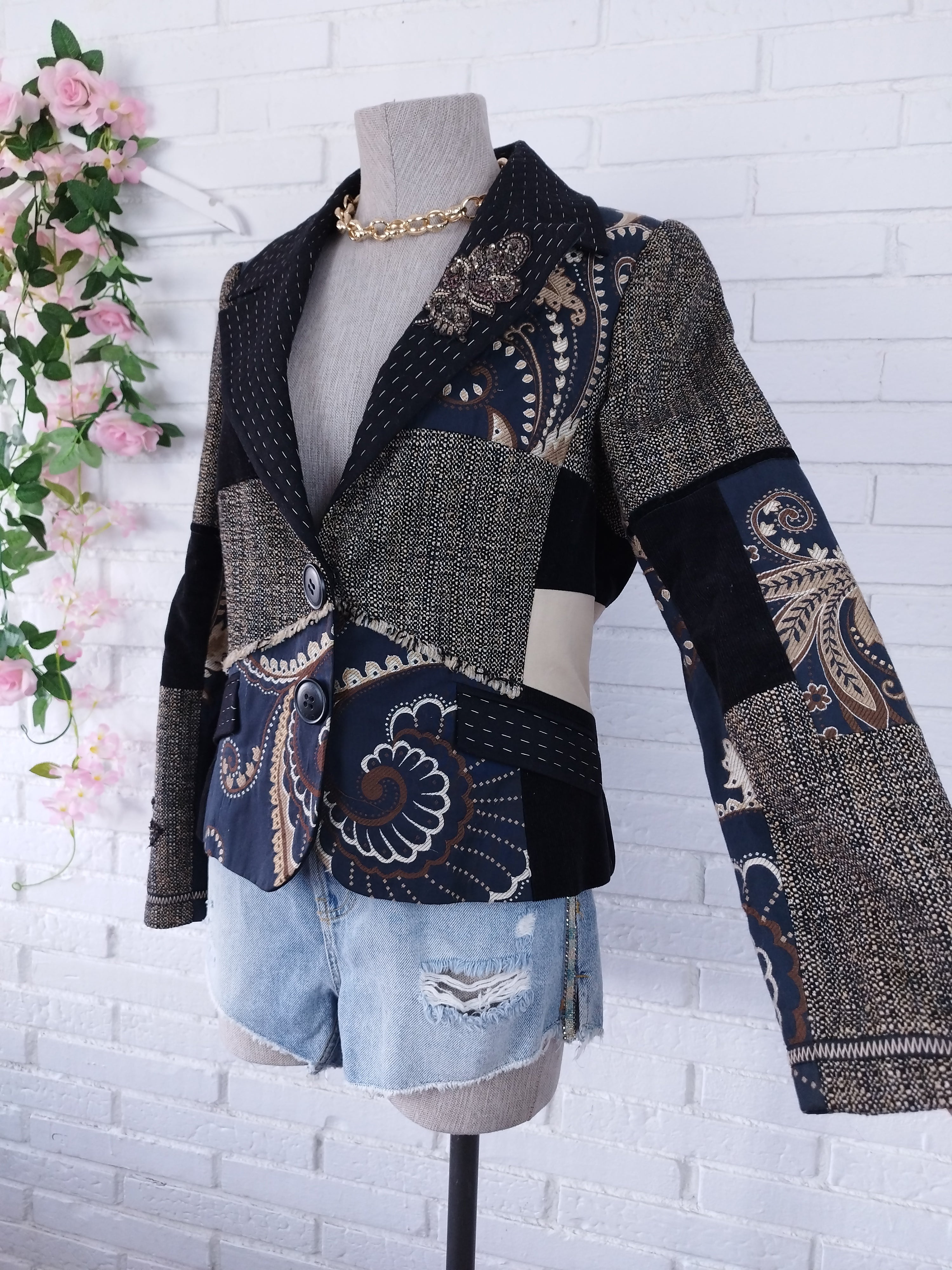 Blazer bohème vintage patchwork brodé