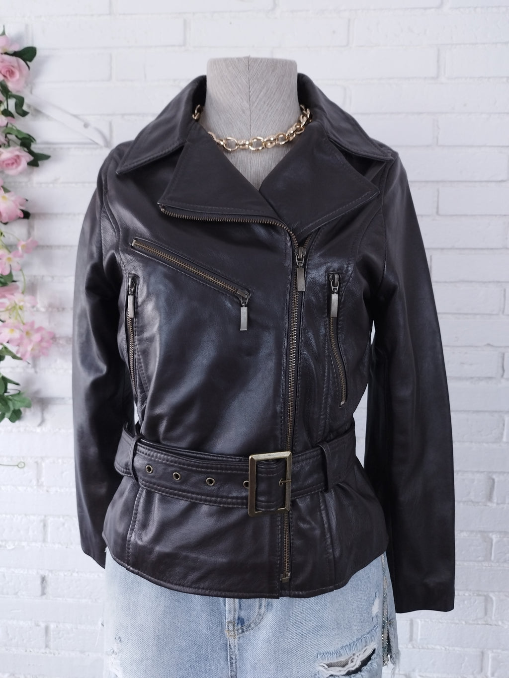 Veste de motard vintage en cuir véritable des années 90