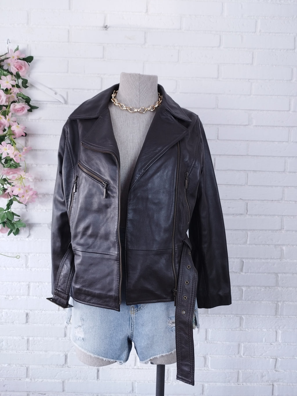 Veste de motard vintage en cuir véritable des années 90