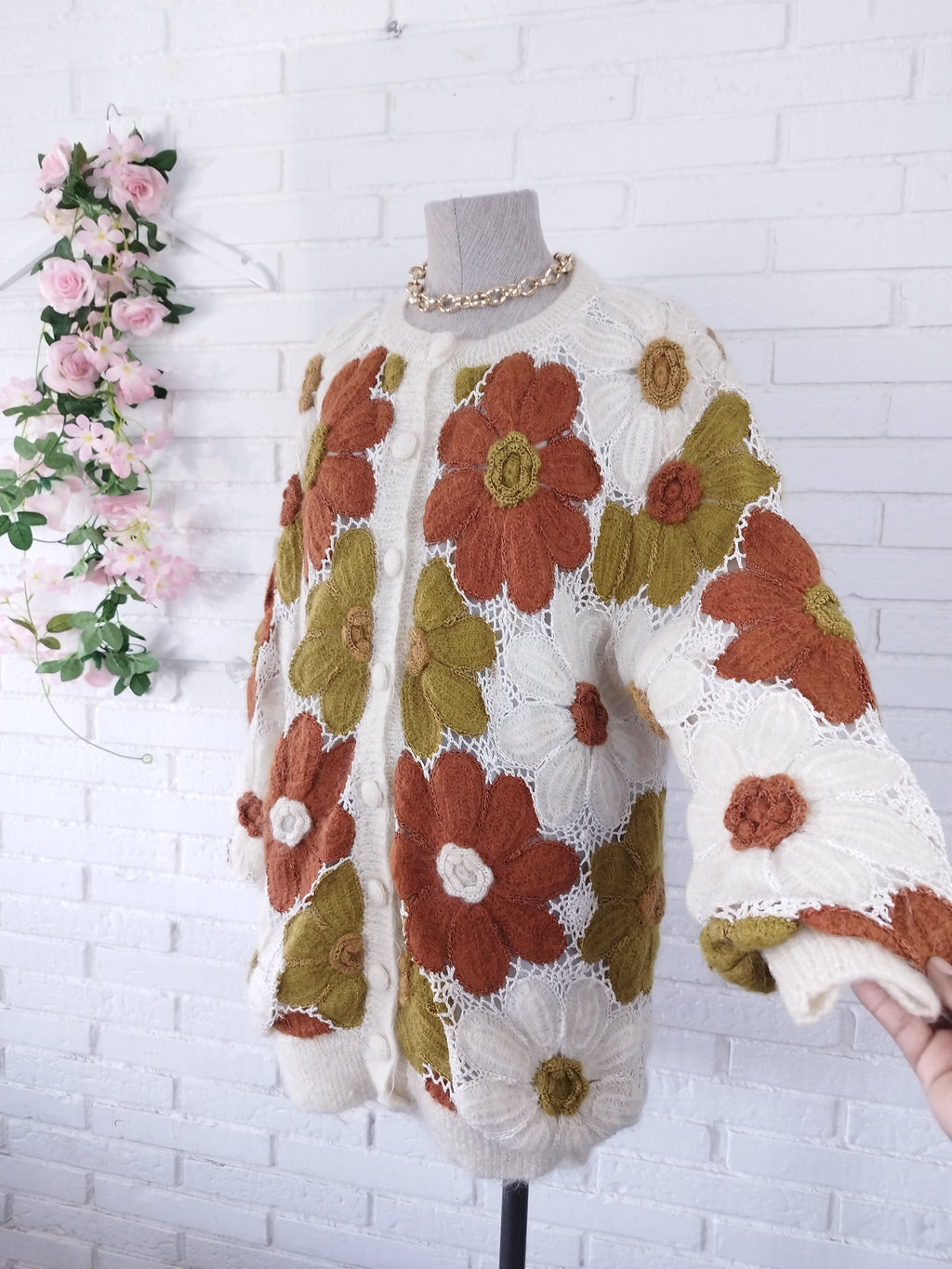 Vintage 90s Long Cardigan — Handmade Crochet & Knit, Floral Design & Wool