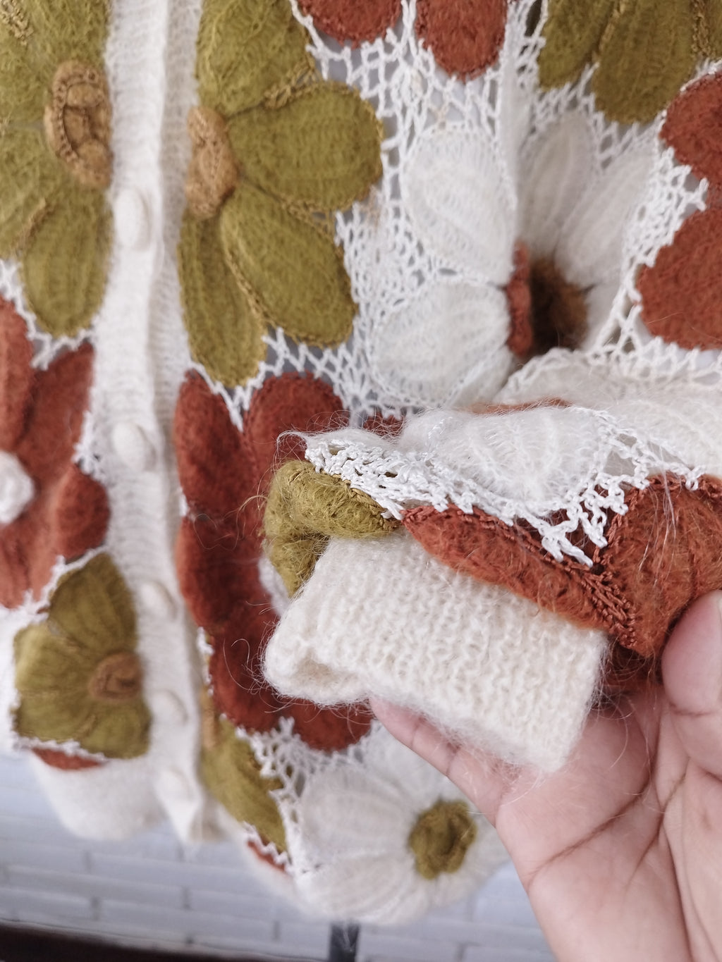 Vintage 90s Long Cardigan — Handmade Crochet & Knit, Floral Design & Wool