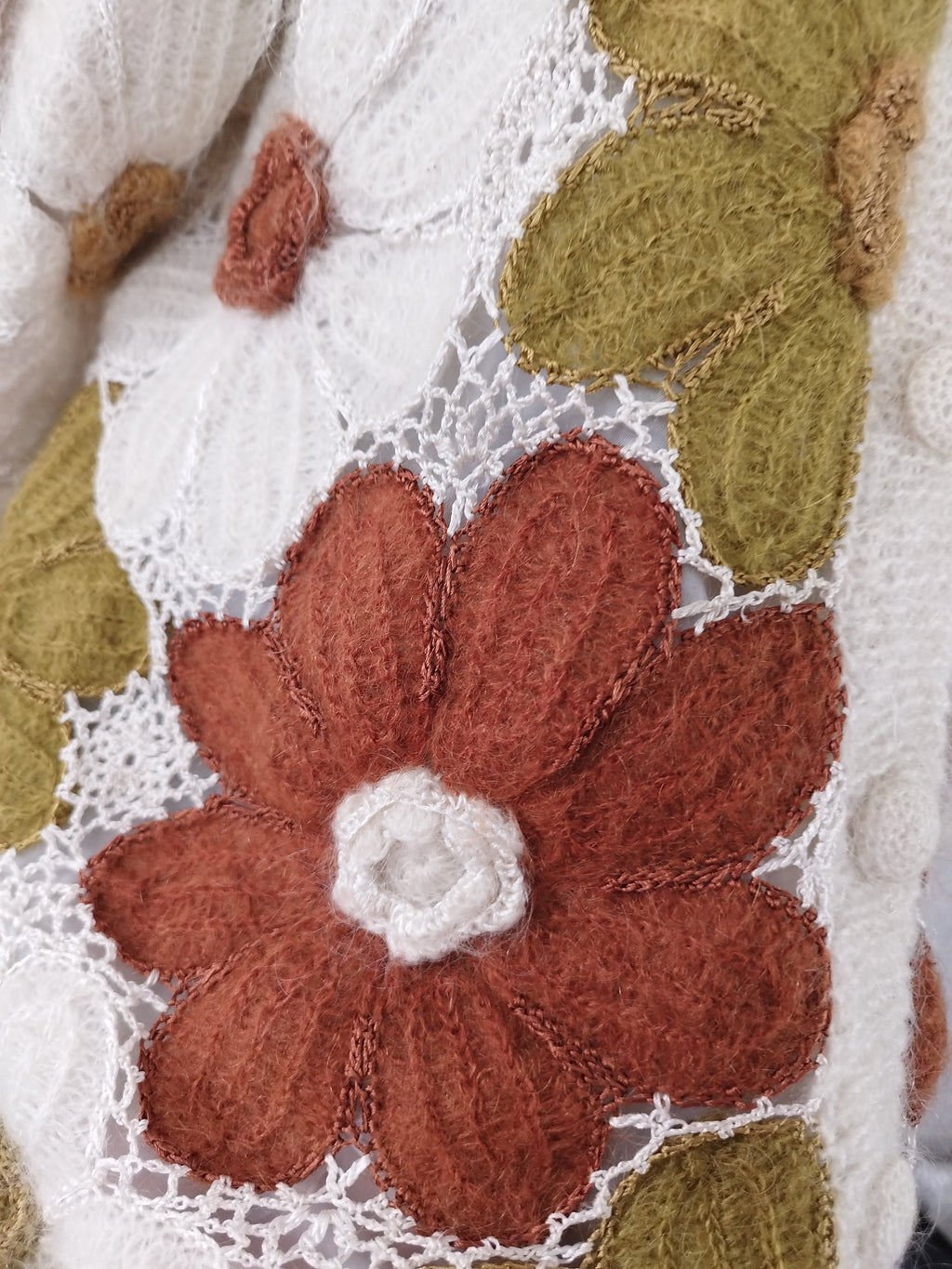 Vintage 90s Long Cardigan — Handmade Crochet & Knit, Floral Design & Wool