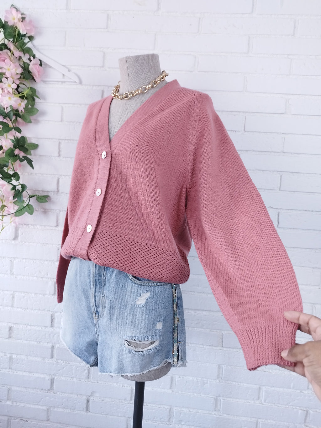 Vintage 90s Pink Cardigan — V-Neck, Wool Knit & Medium Texture