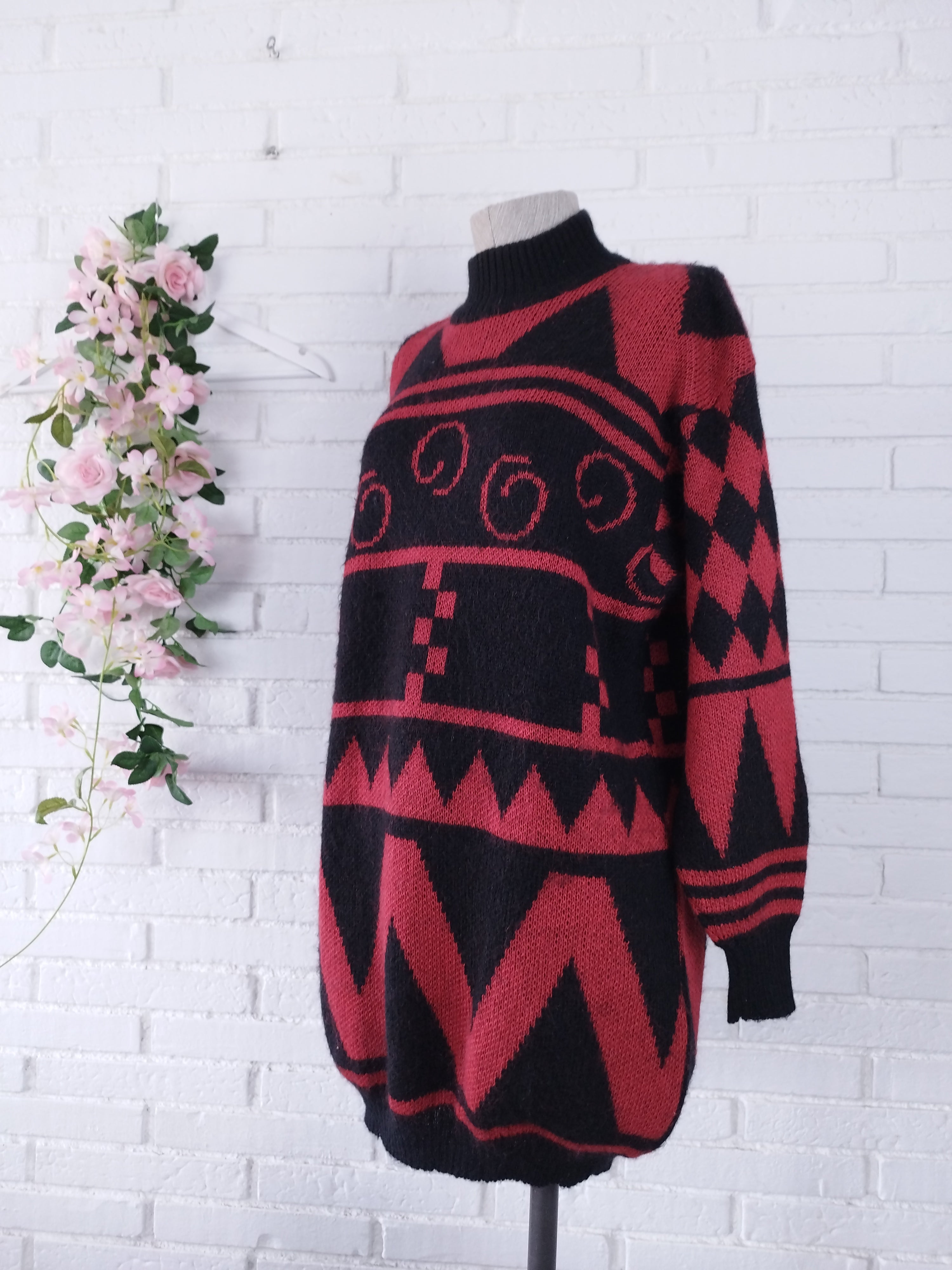 Vintage 90s Wool Knit Sweater — High Neck, Geometric Jacquard & Red-Black Palette
