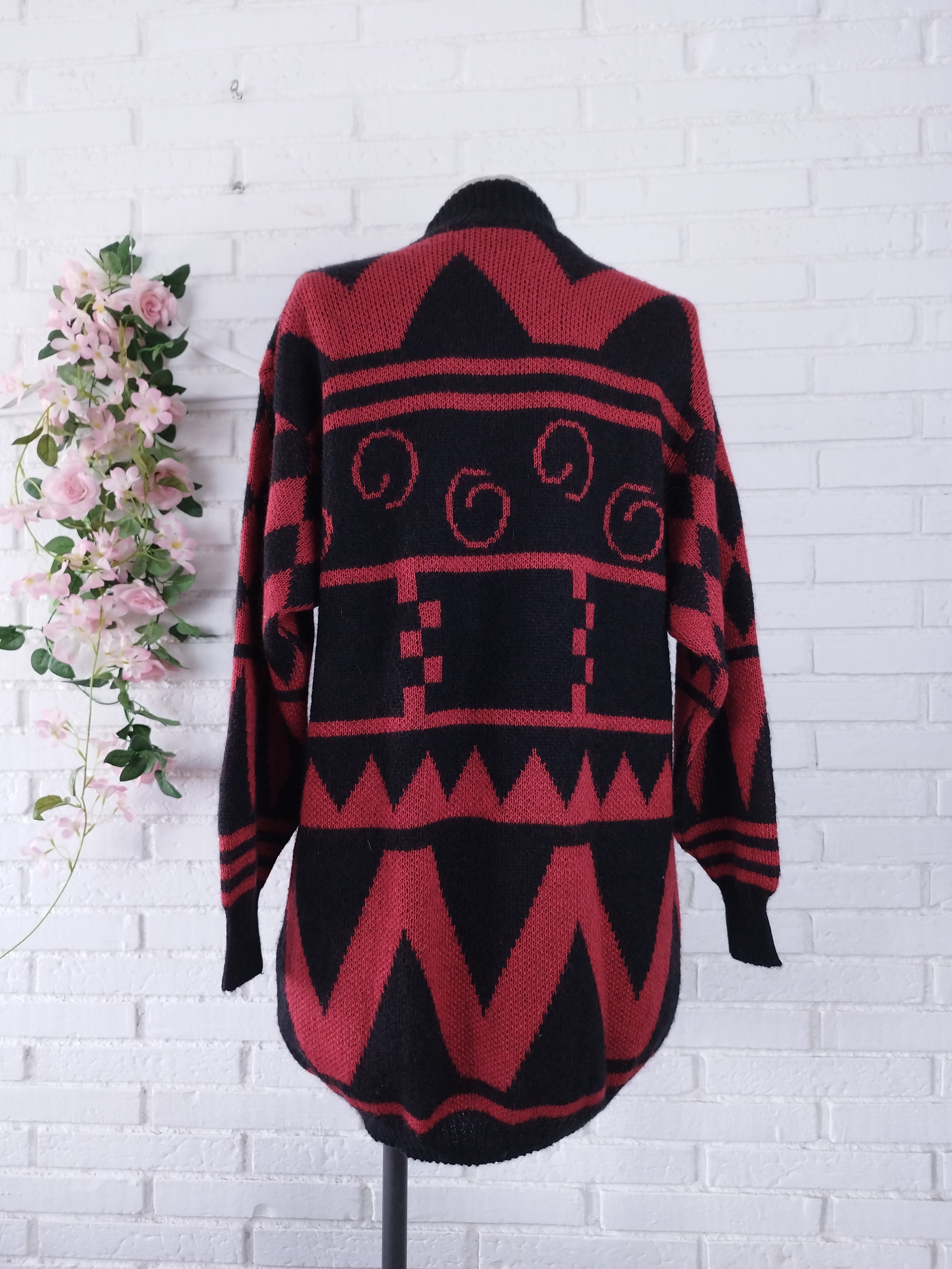 Vintage 90s Wool Knit Sweater — High Neck, Geometric Jacquard & Red-Black Palette