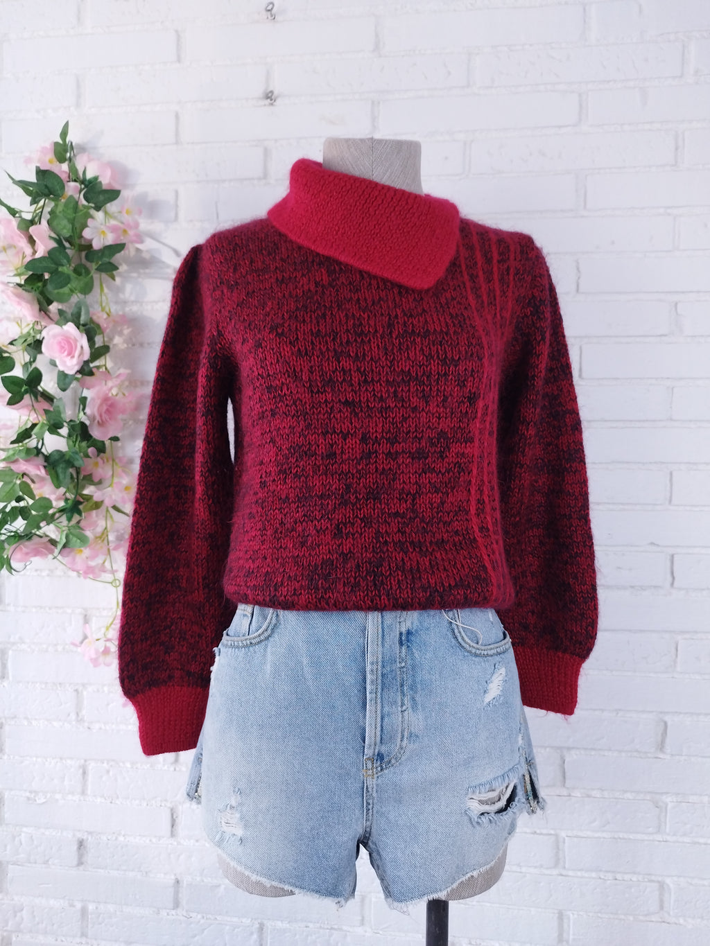Vintage 90s Handmade Wool Sweater — Turtleneck, Asymmetric Neck &  Red-Bordeaux Mix