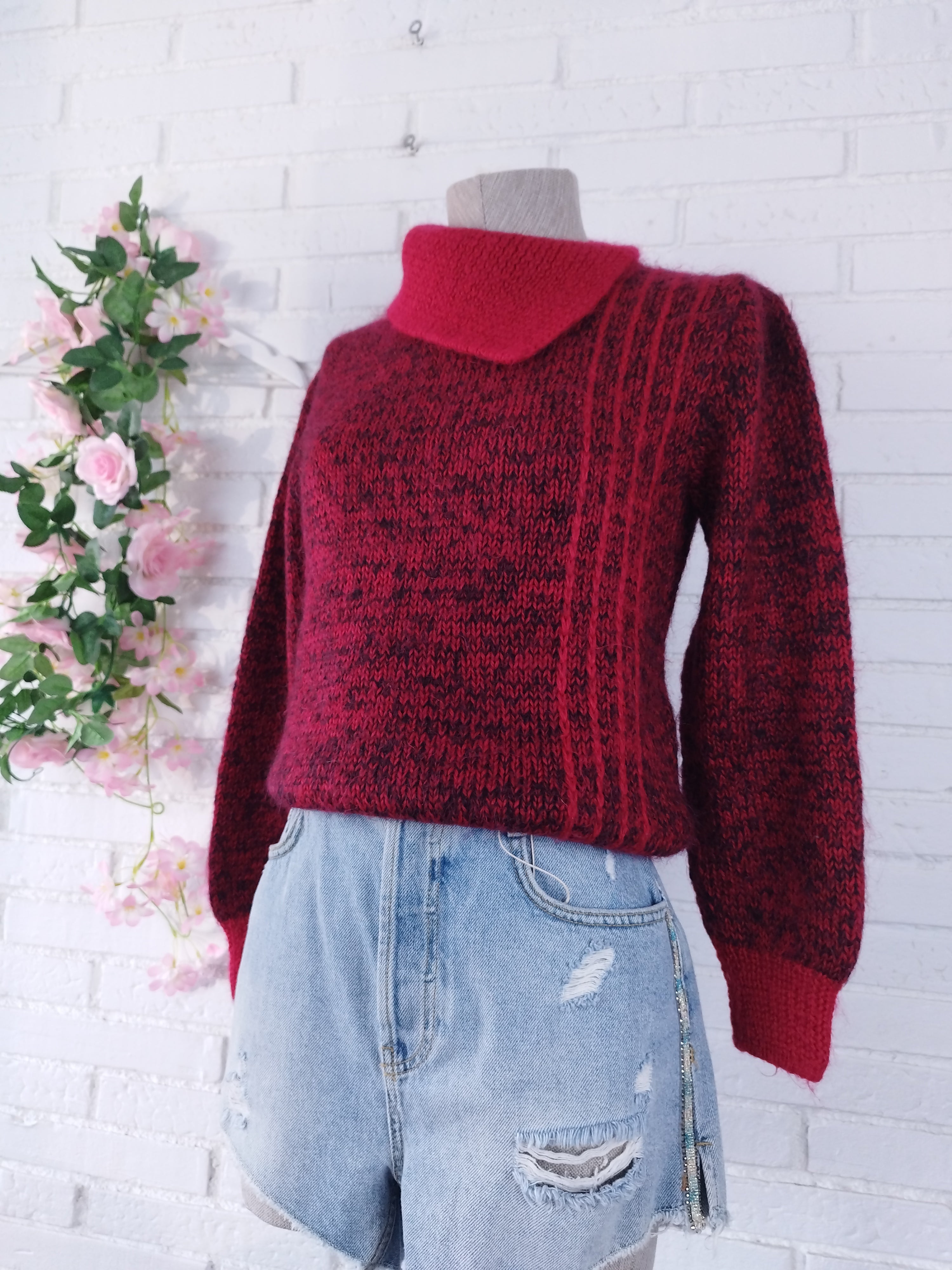 Vintage 90s Handmade Wool Sweater — Turtleneck, Asymmetric Neck &  Red-Bordeaux Mix